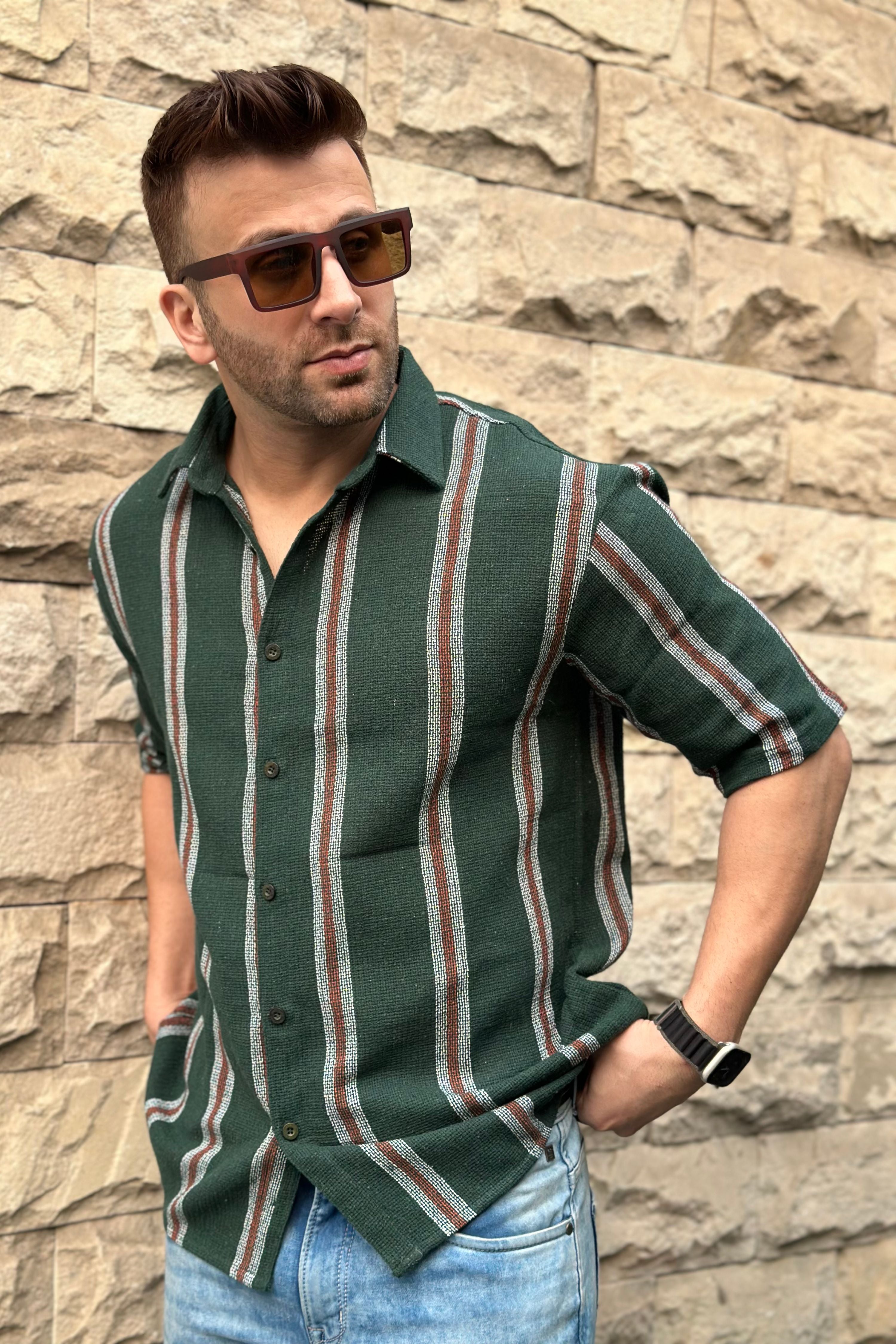 Gritstones Broad Stripe Green Self Design Shirt