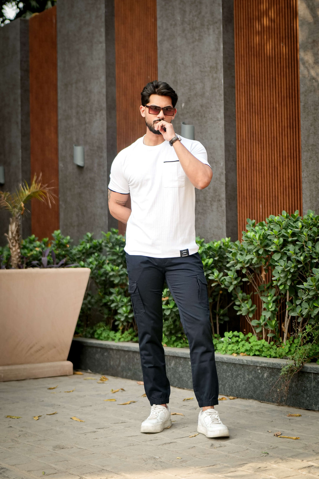 White Self Design Pocket T-Shirt