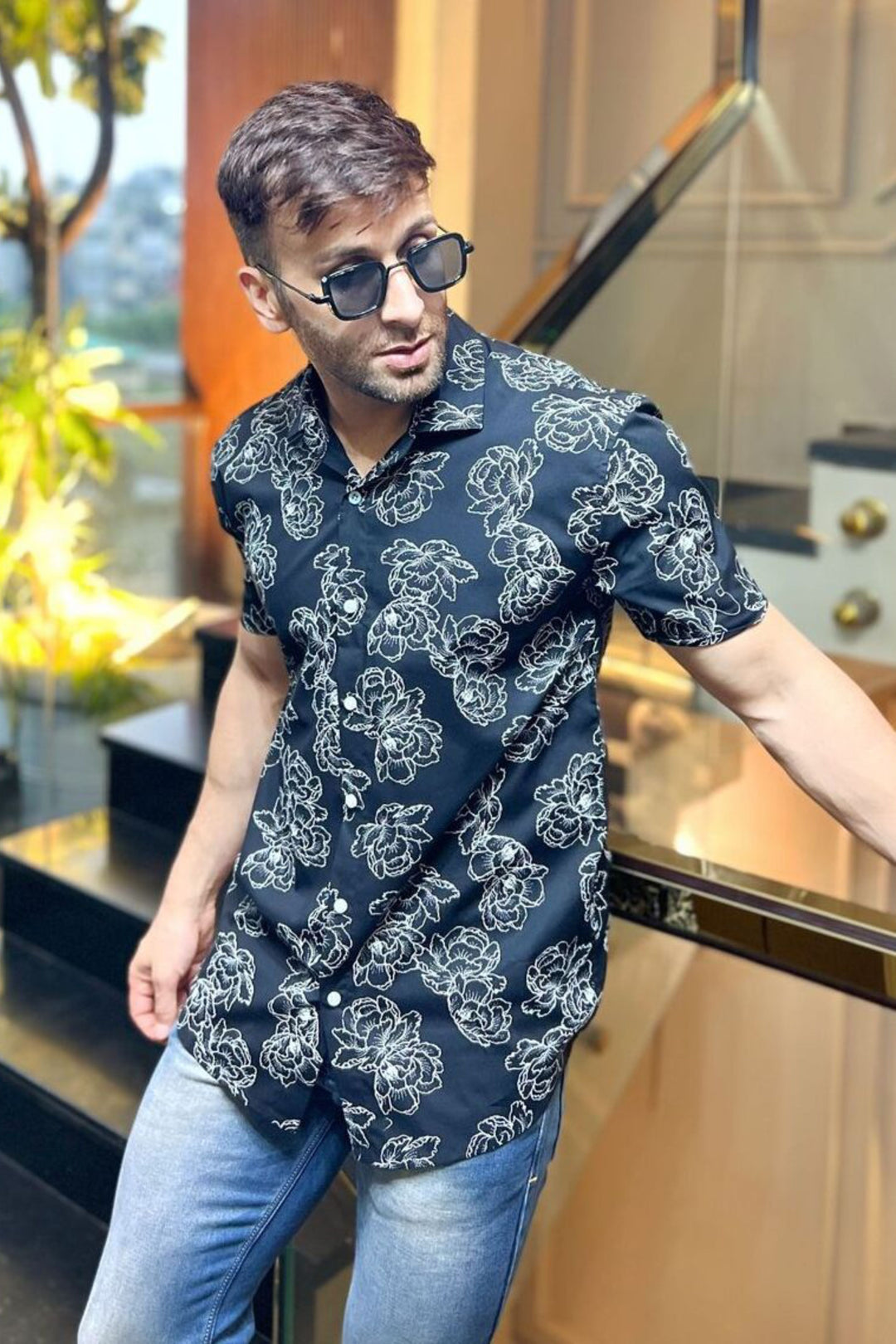 Uber Black Rayon Floral Shirt
