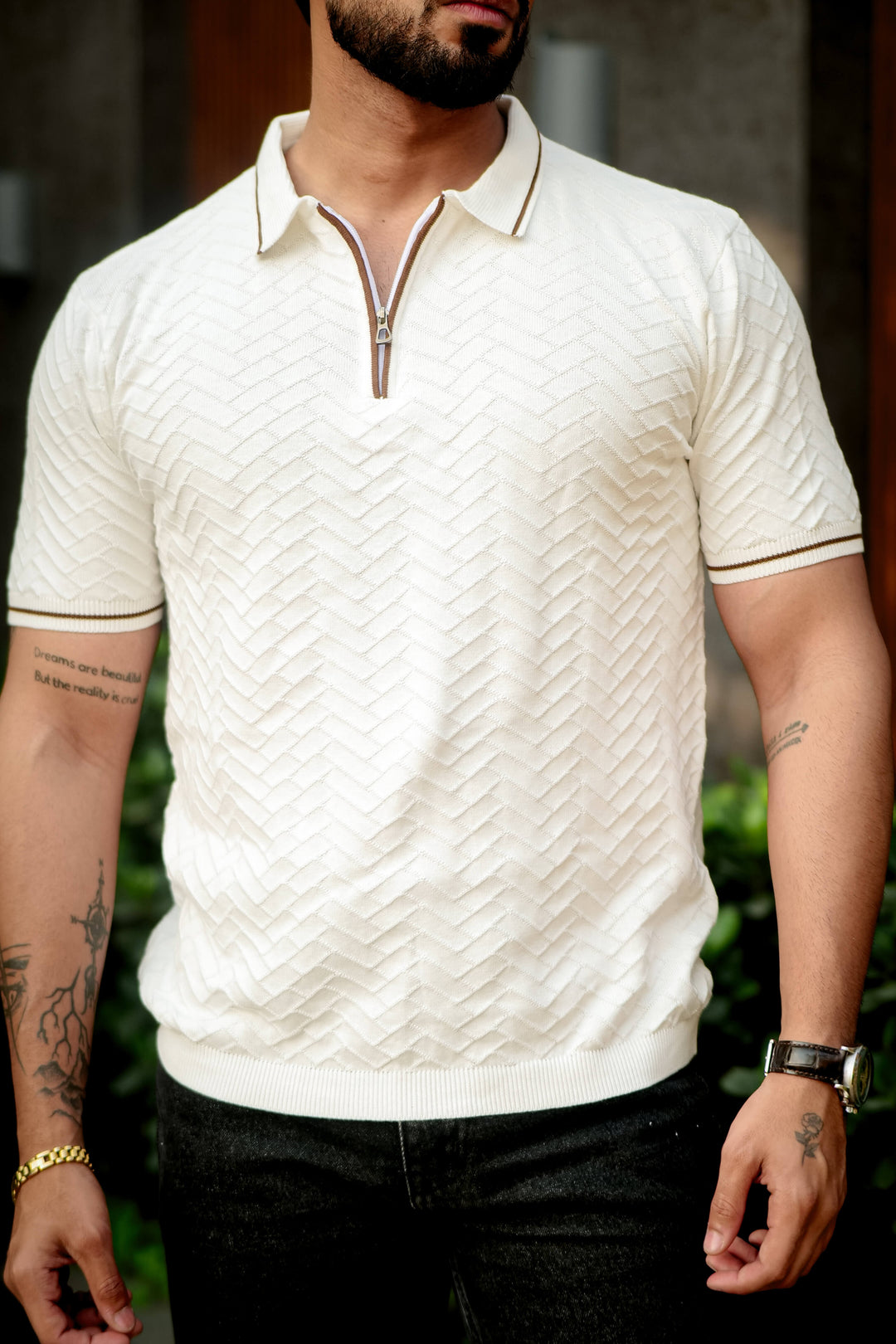 Cream Premium Flat Knit Polo T-Shirt