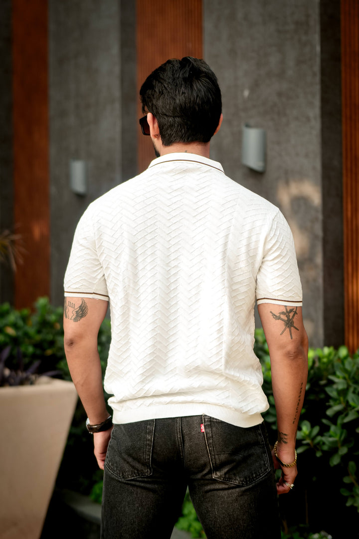 Cream Premium Flat Knit Polo T-Shirt