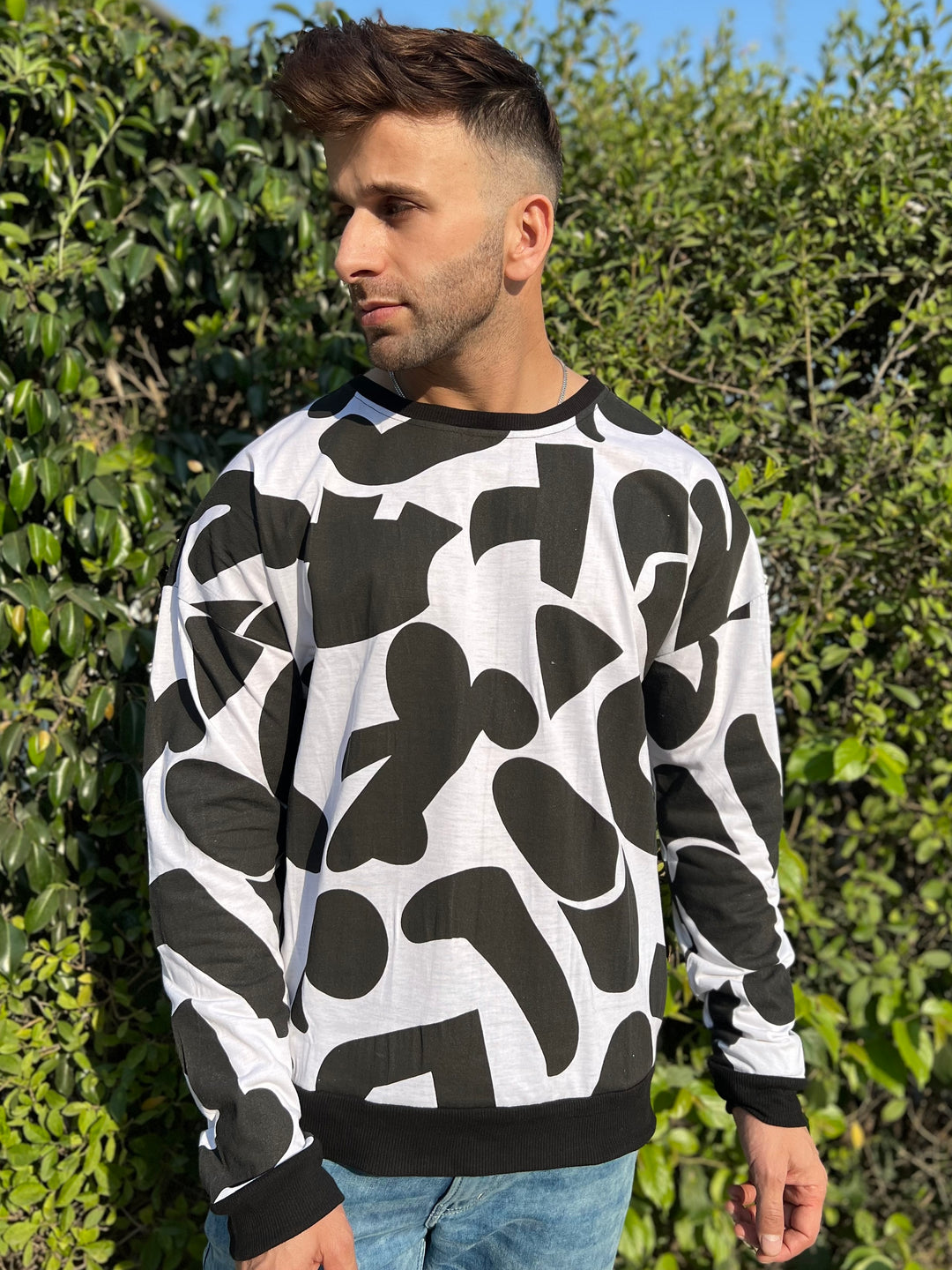 Oversized Drop Shoulder Full Sleeve Black White  T-Shirt