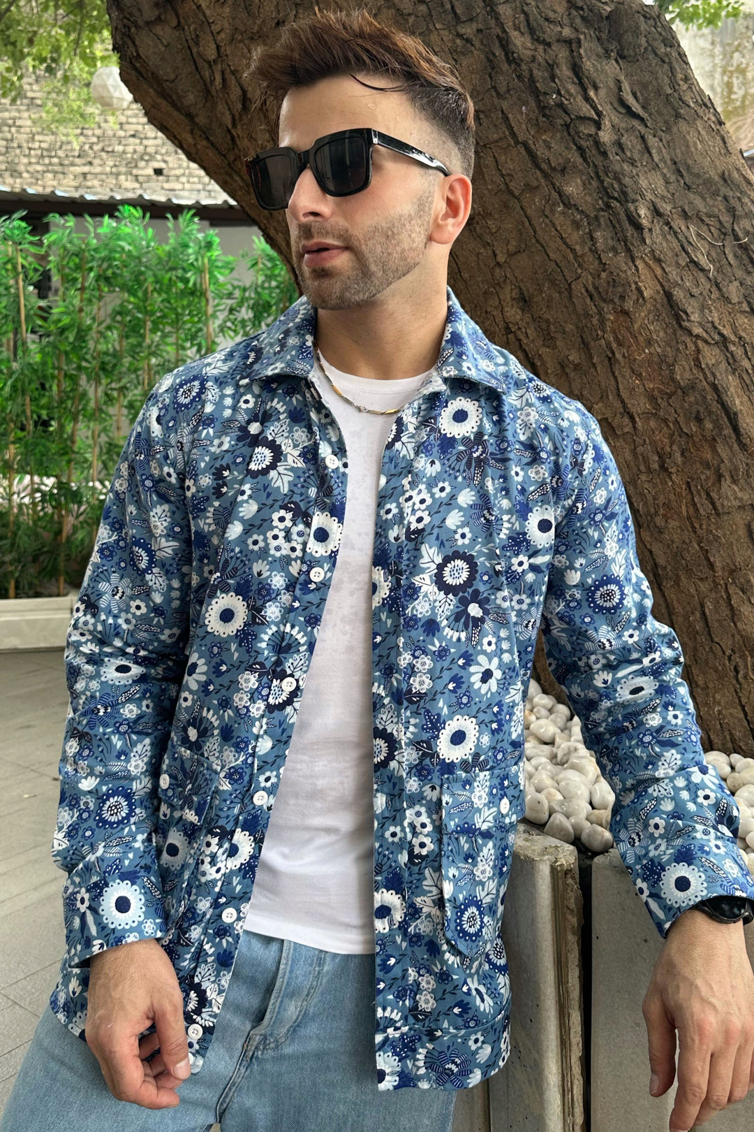 Blue Floral Double Pocket Over Shirt