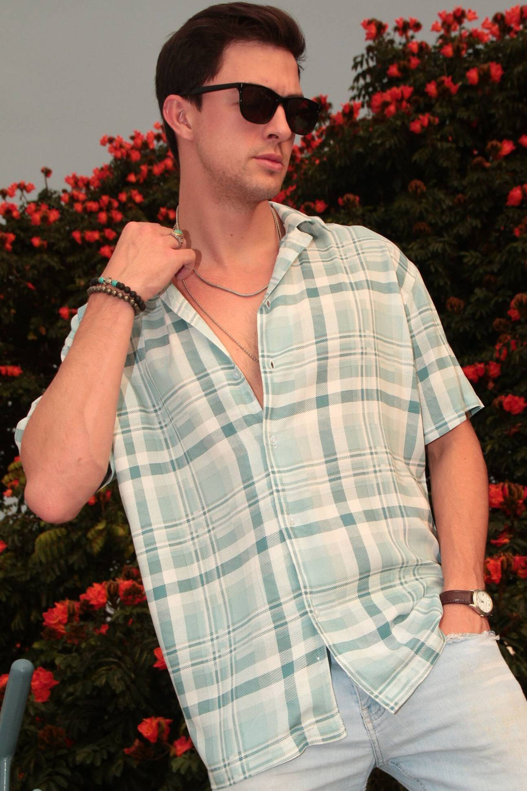 Blue Oversized Check Rayon Shirt