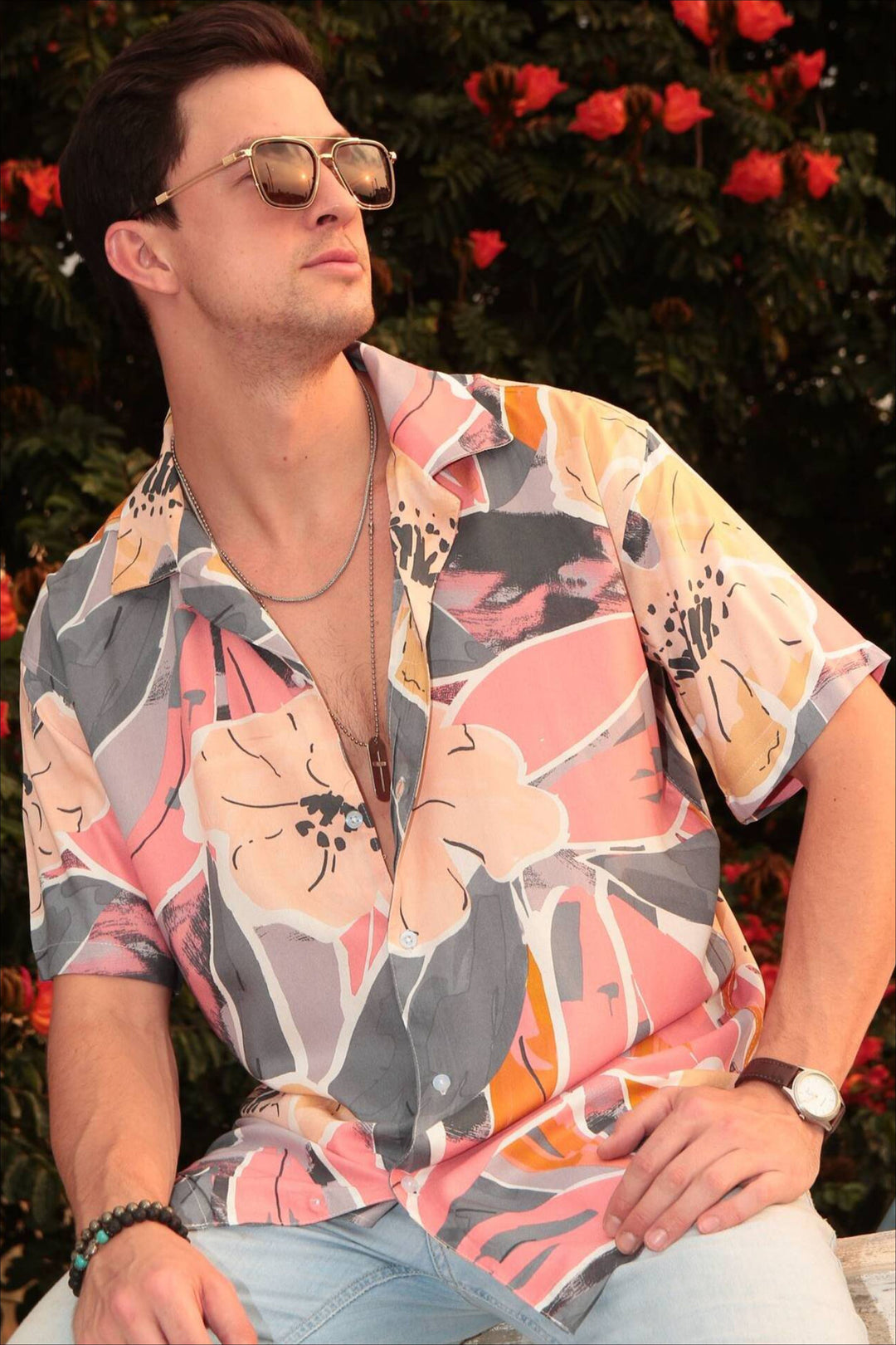 Pink Floral Oversized Rayon Shirt