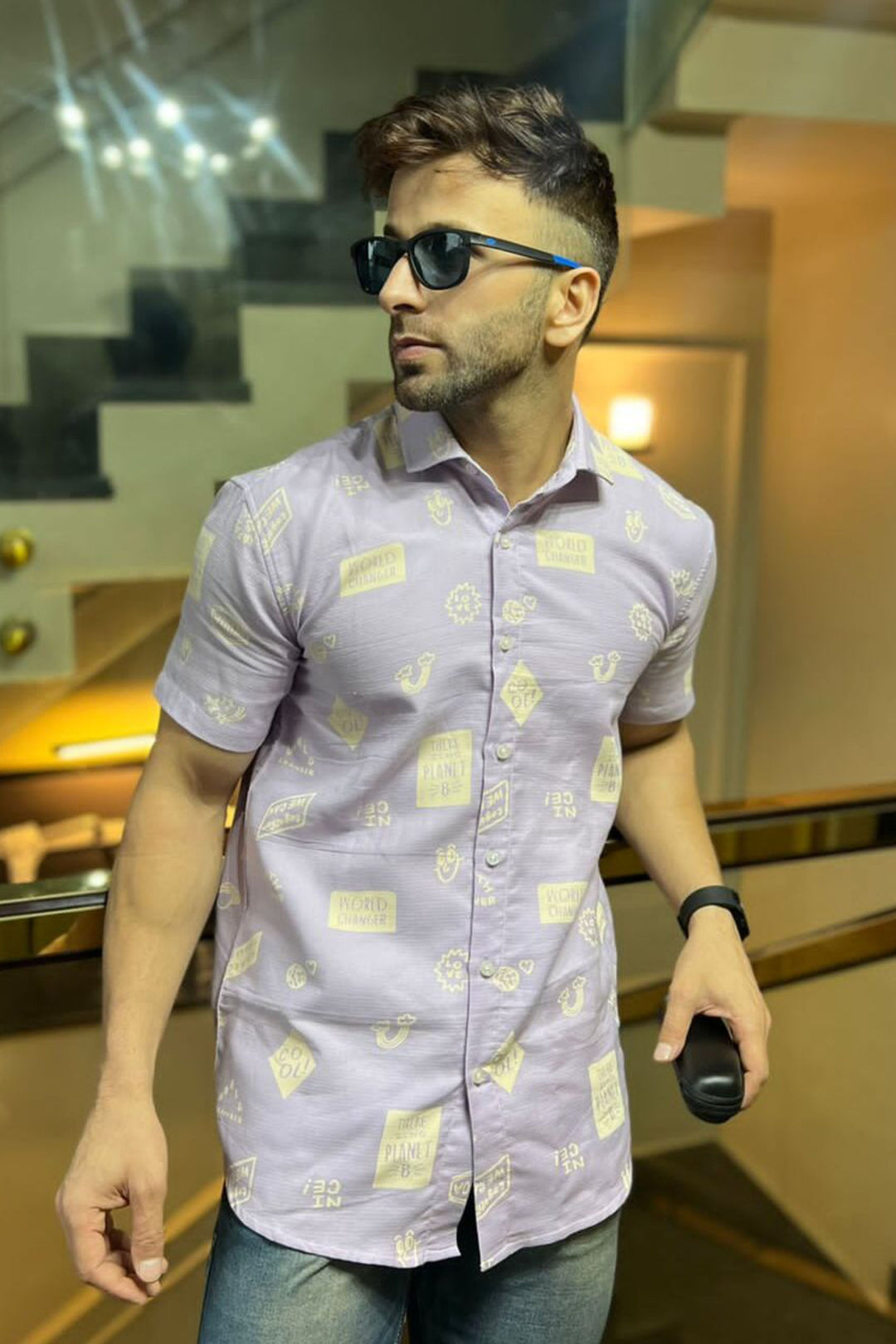 Half Sleeve Typographic Purple Shirt