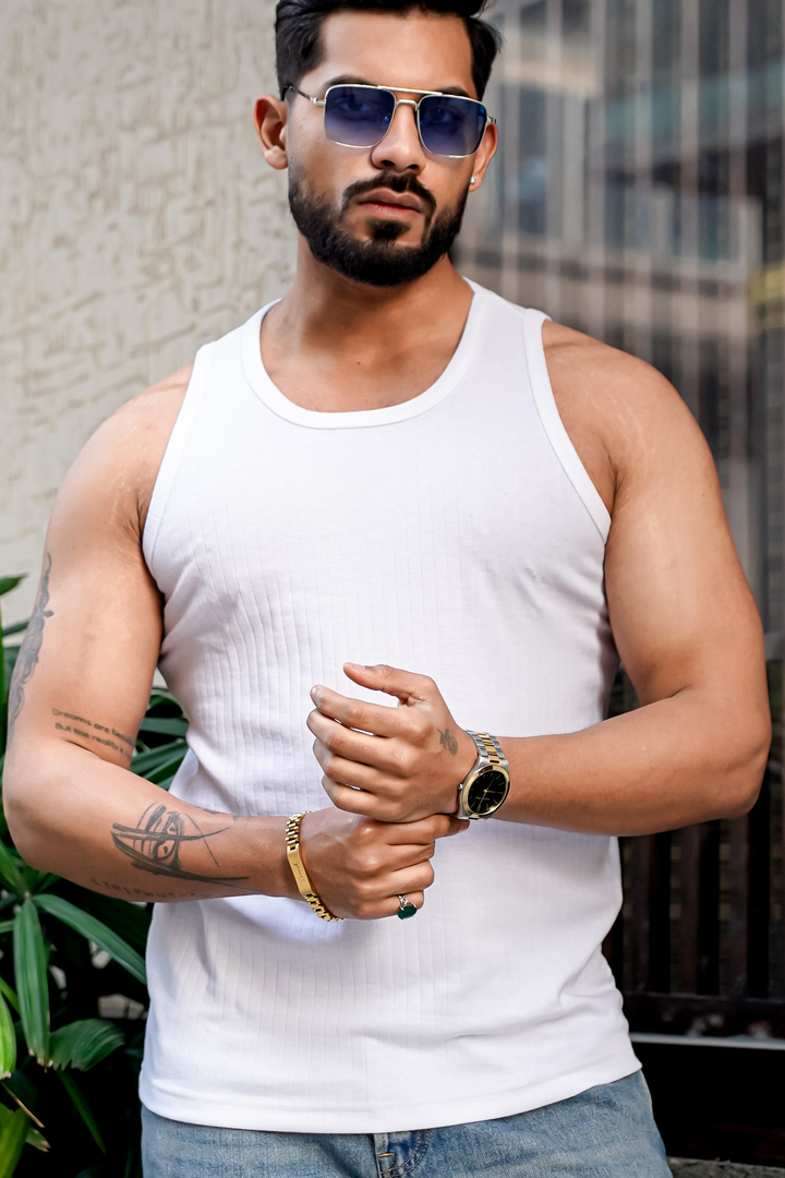 White Self Design Casual Vest