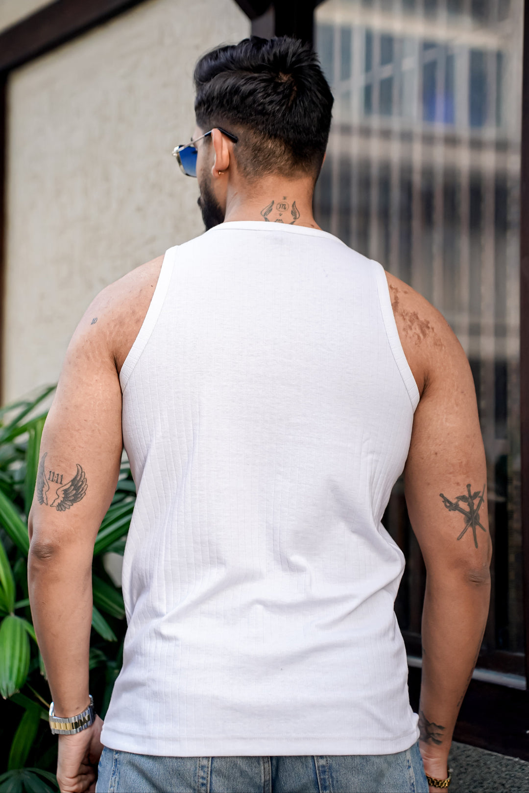 White Self Design Casual Vest