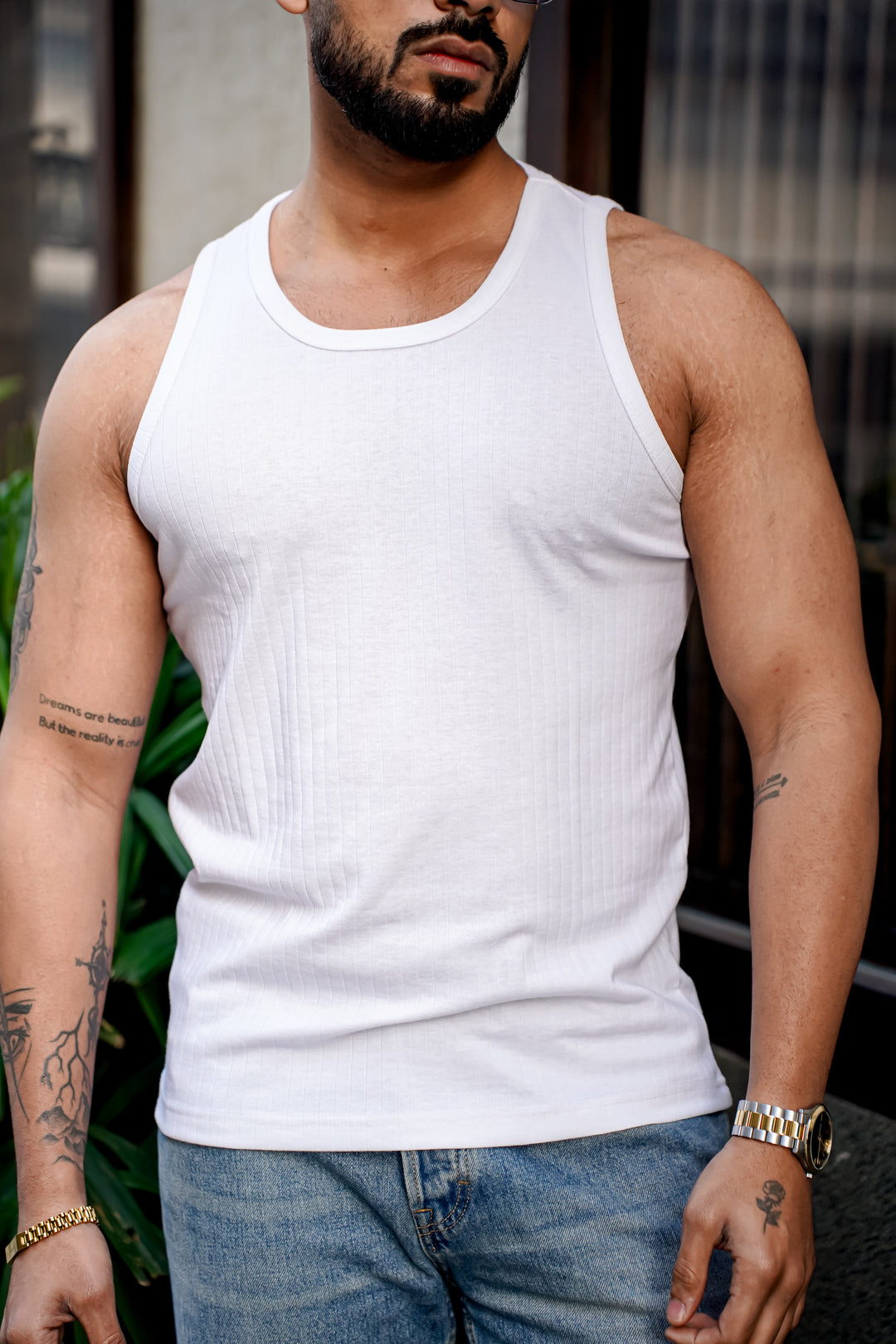 White Self Design Casual Vest