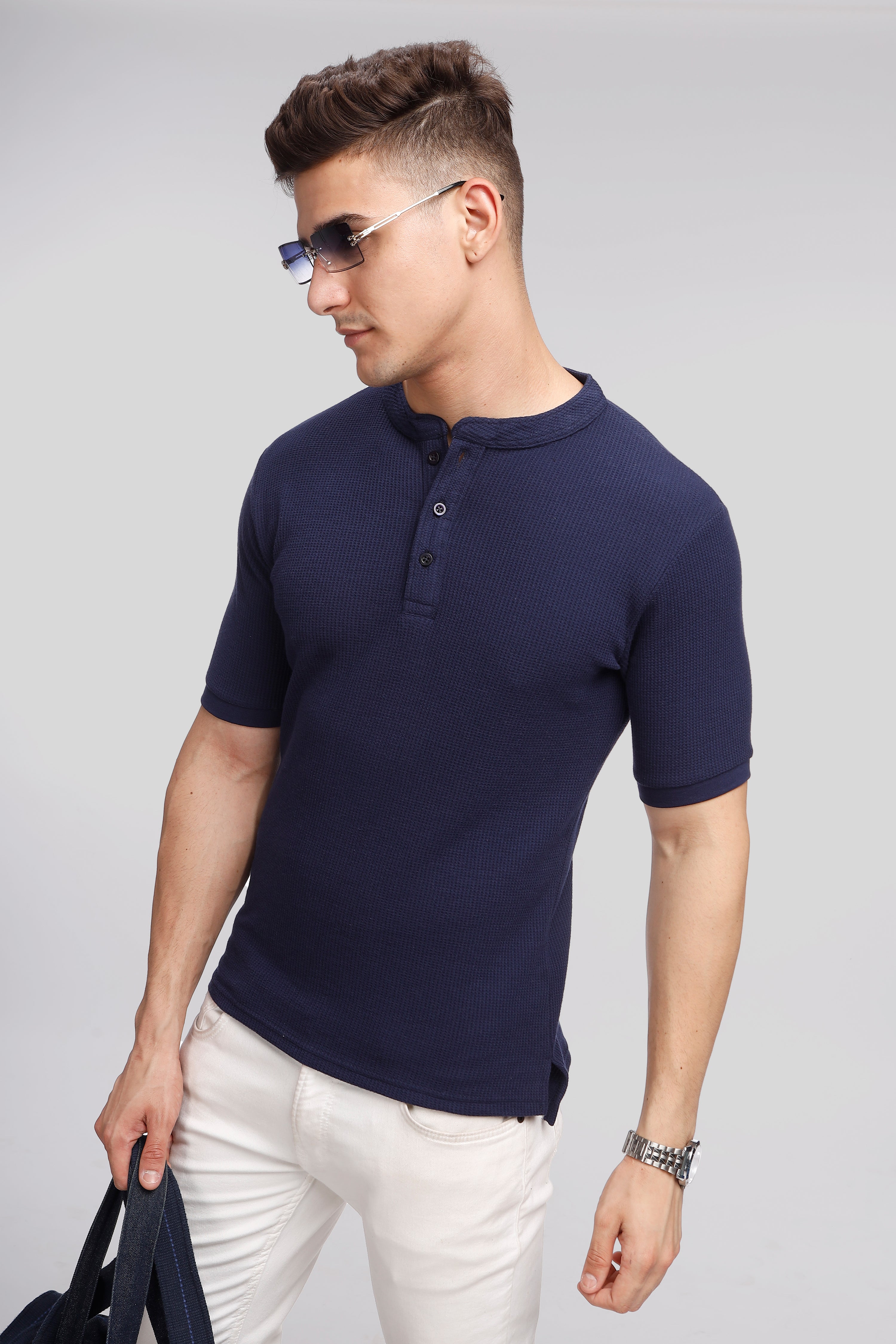 Navy Blue Waffle Knit Henley T-Shirt