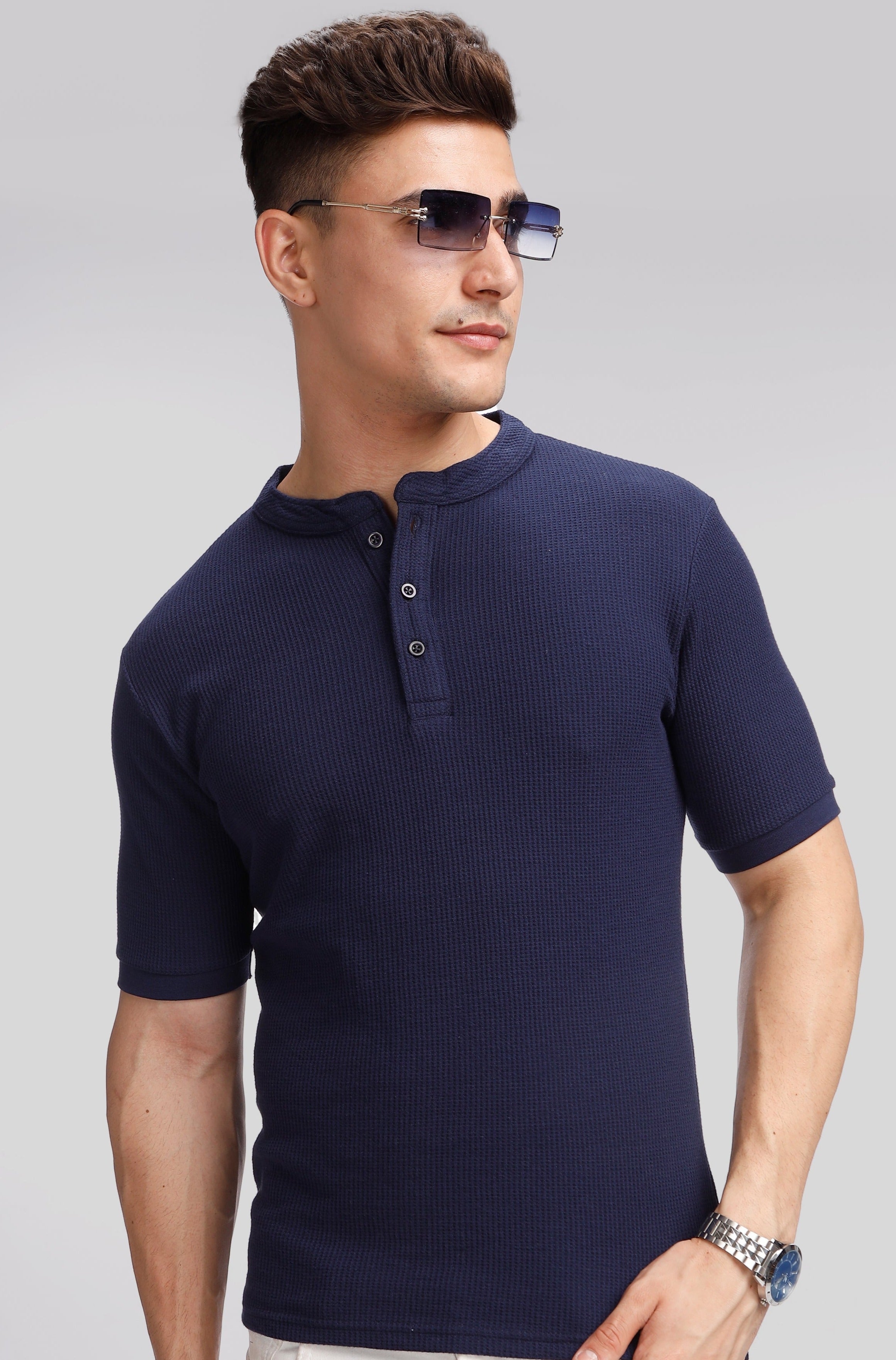 Navy Blue Waffle Knit Henley T-Shirt