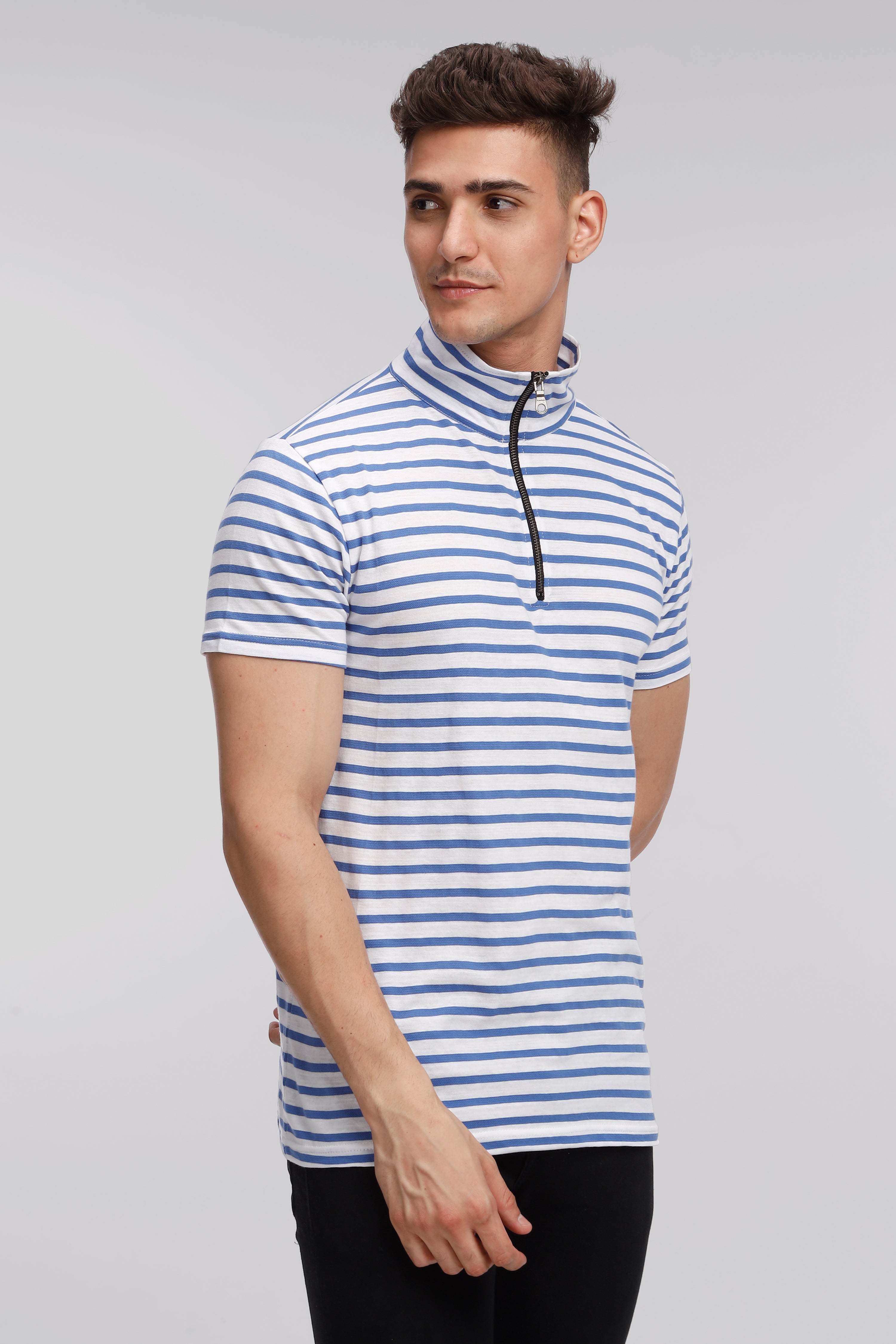 Blue Striper Self Design Zipper T-Shirt