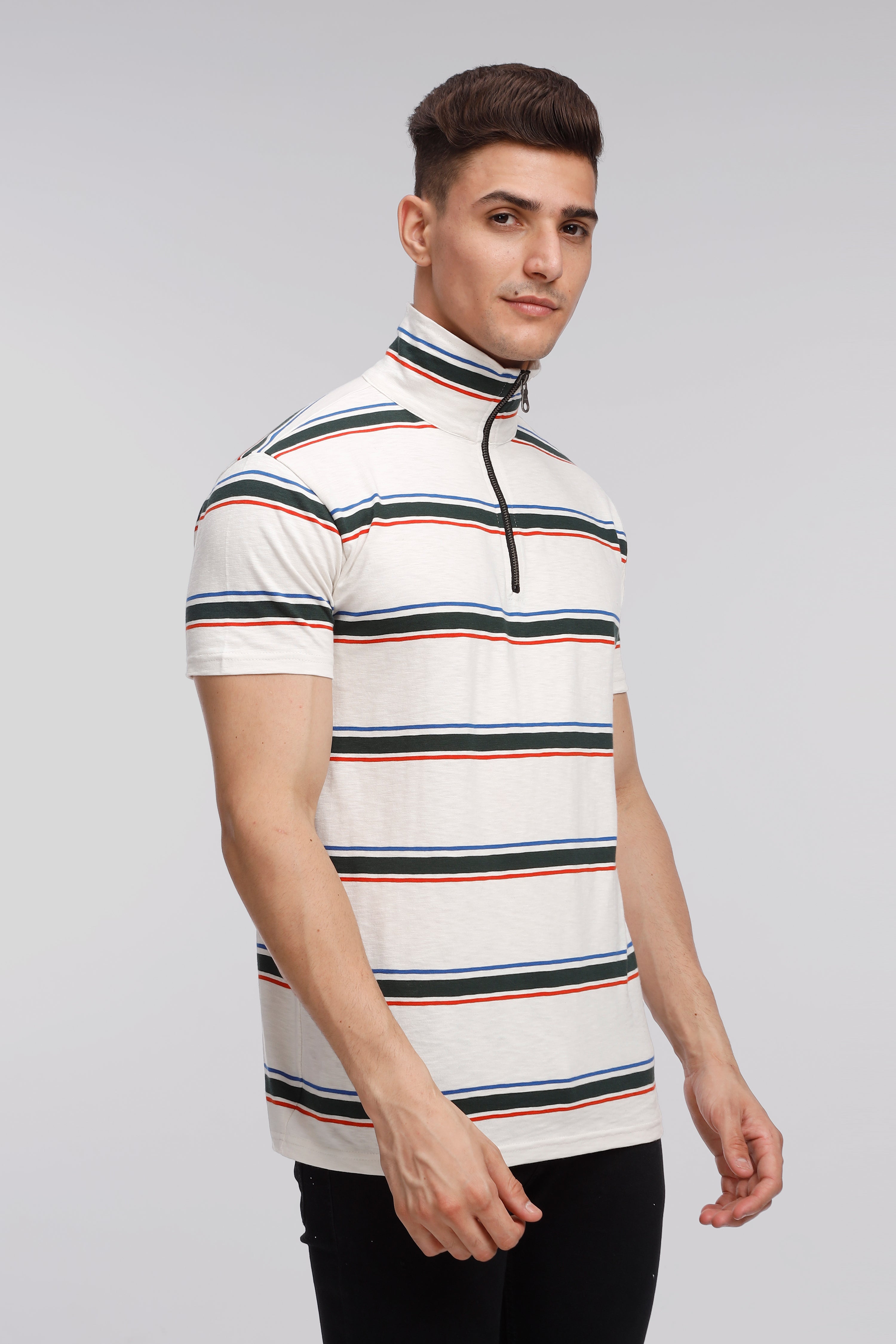 White Striper Self Design Zipper T-Shirt