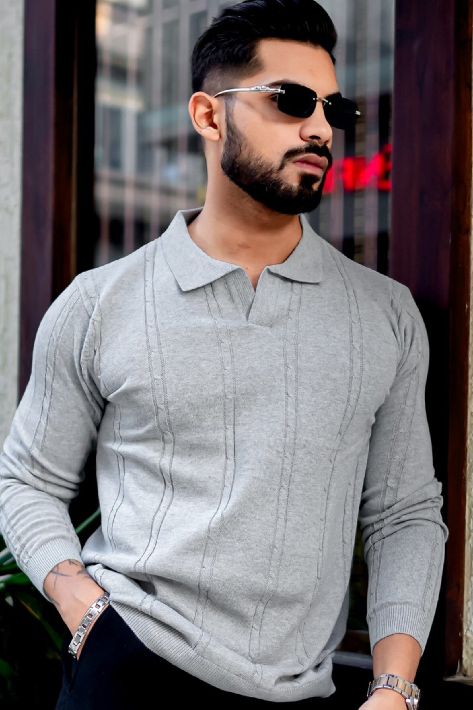 Grey Shirt Insert Pullover-Top