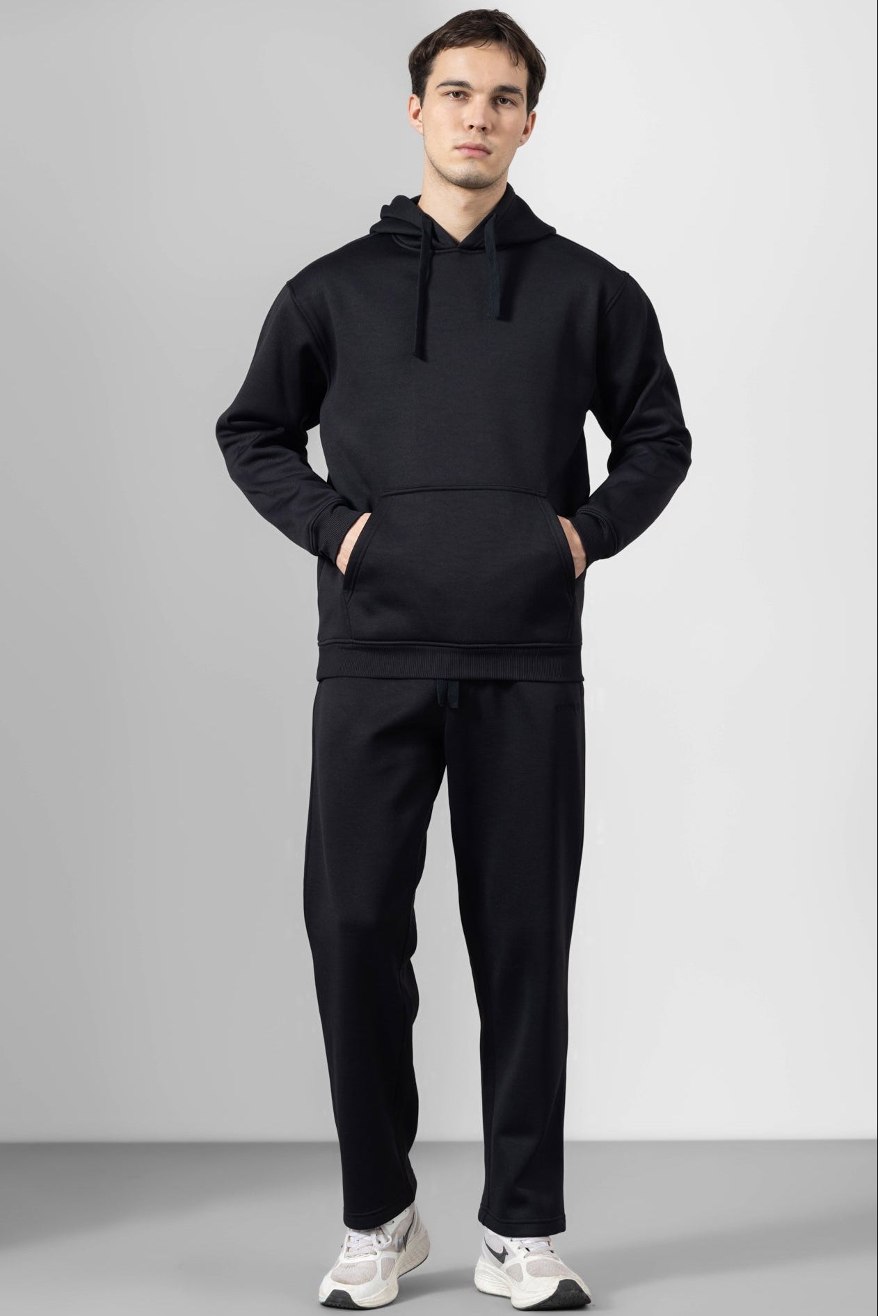 black sweatpants and hoodie
