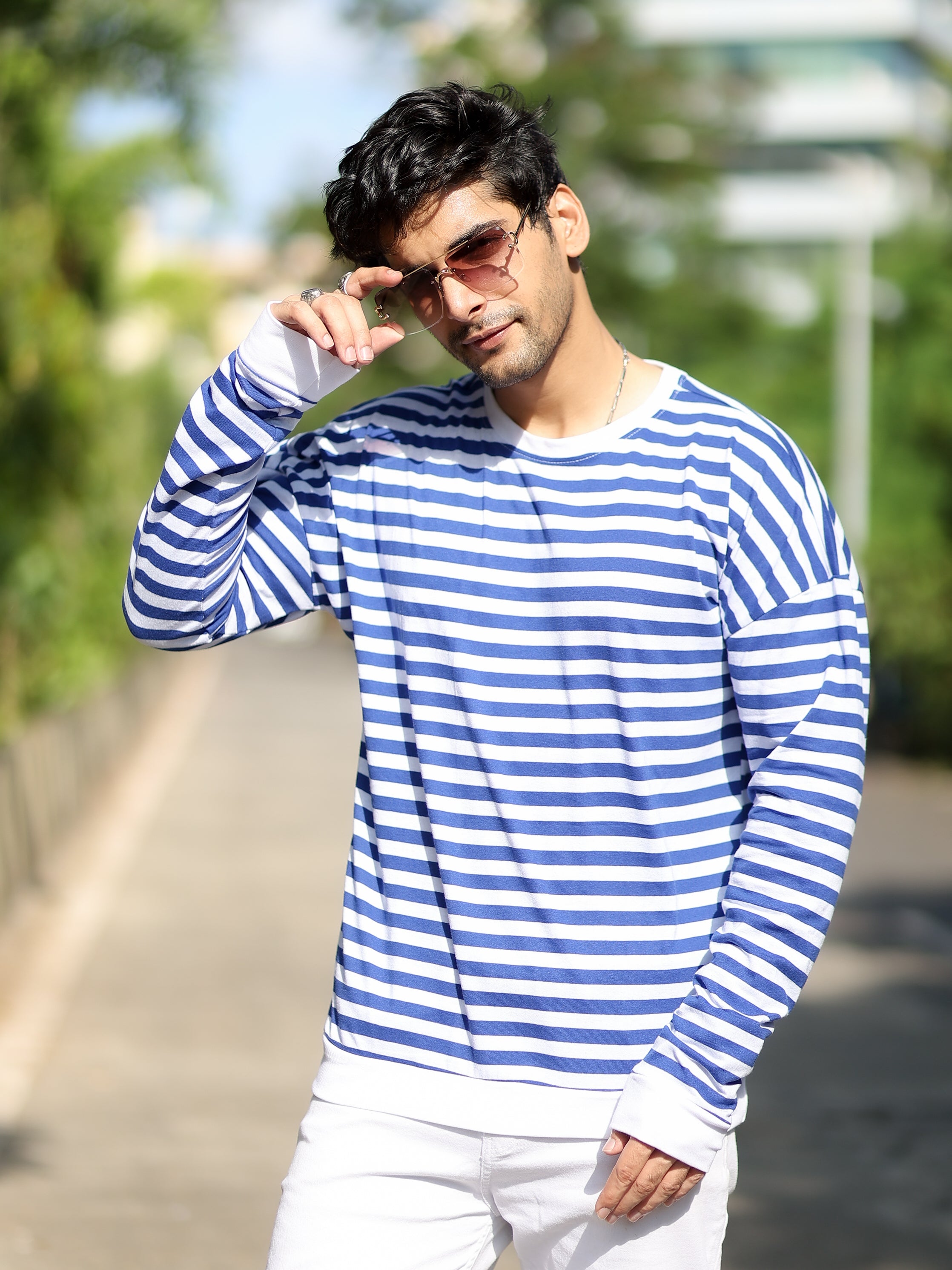 Oversized White Blue Striper Full Sleeve Drop Shoulder T-Shirt