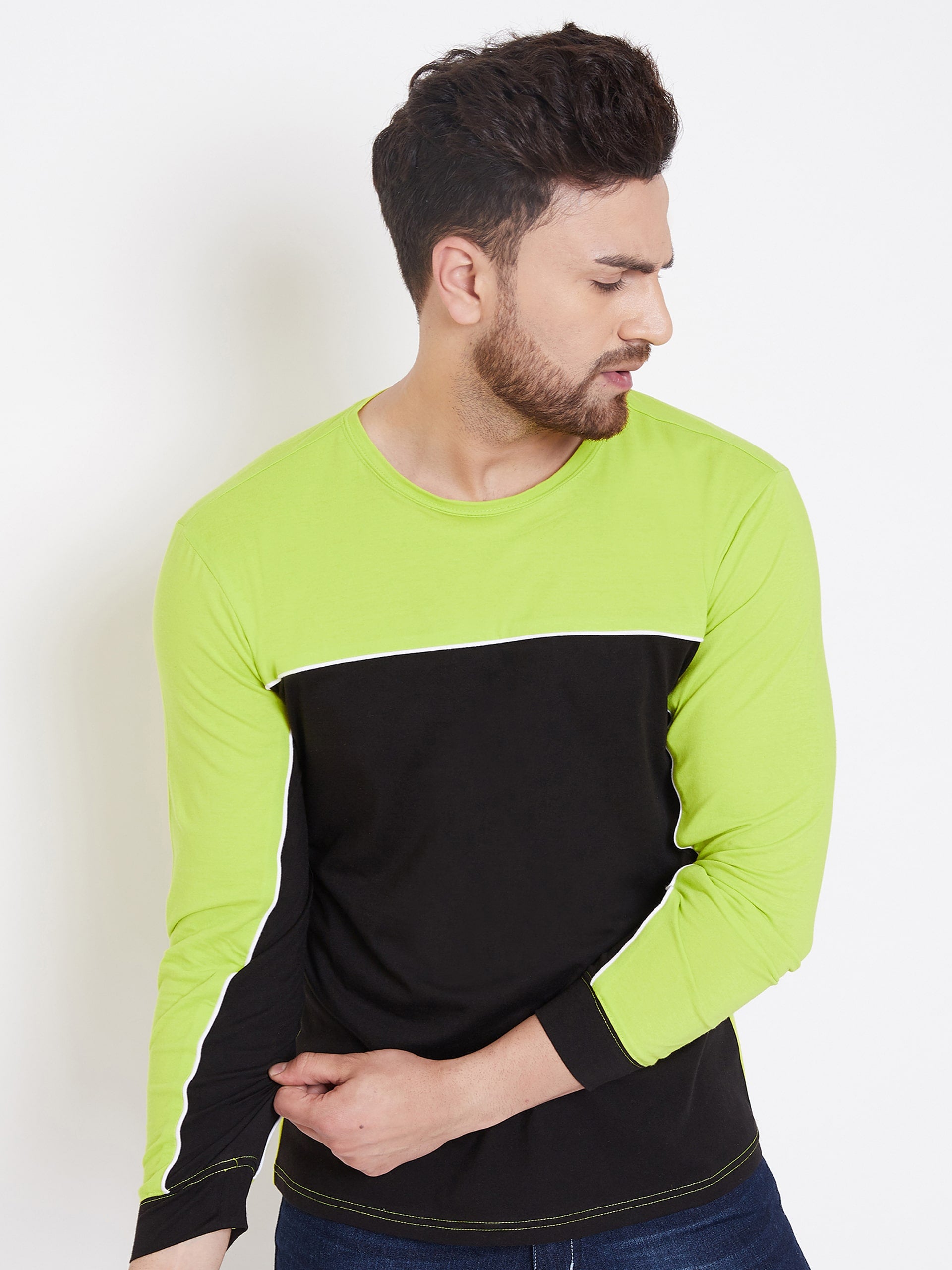 Neon Green White Black Color Block Men s Full Sleeves Round Neck T