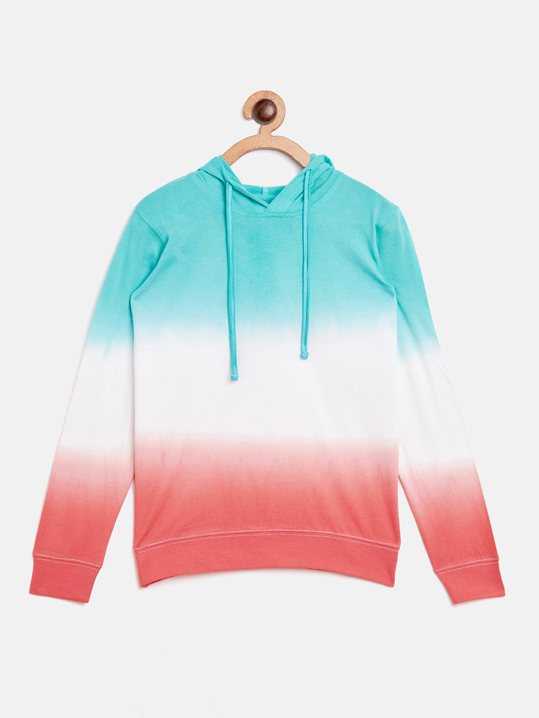 White/Persian Green/Coral Kids Full Sleeves Ombre Dyeing Hooded T-Shirt