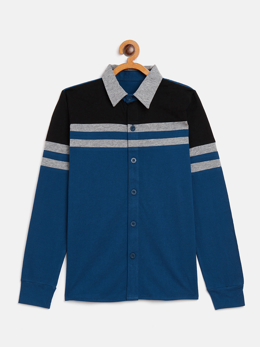 Indigo/Black/Grey Melange Kids Full Sleeves Color Block Shirt