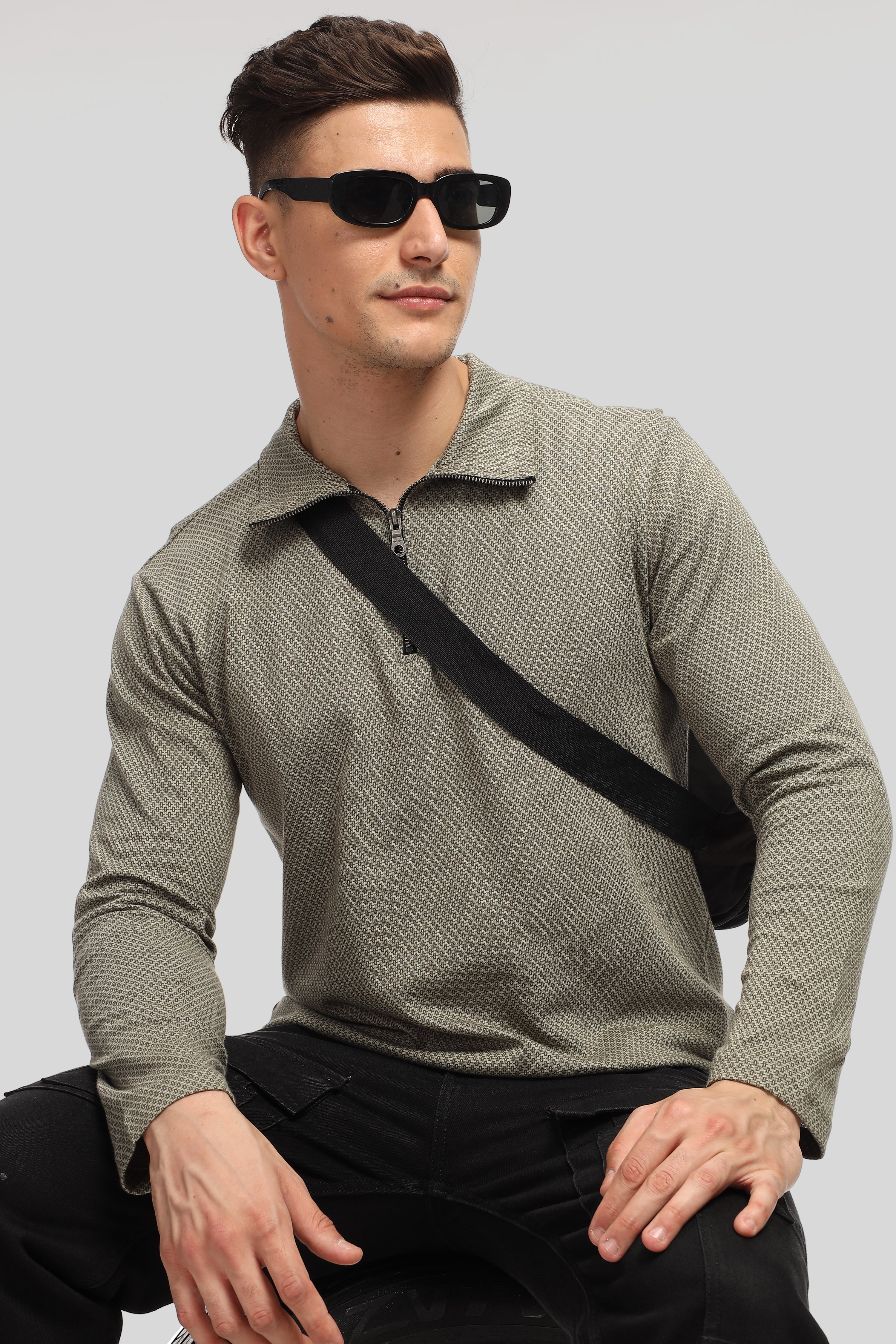 Dark Grey Self Design Zipper T-Shirt