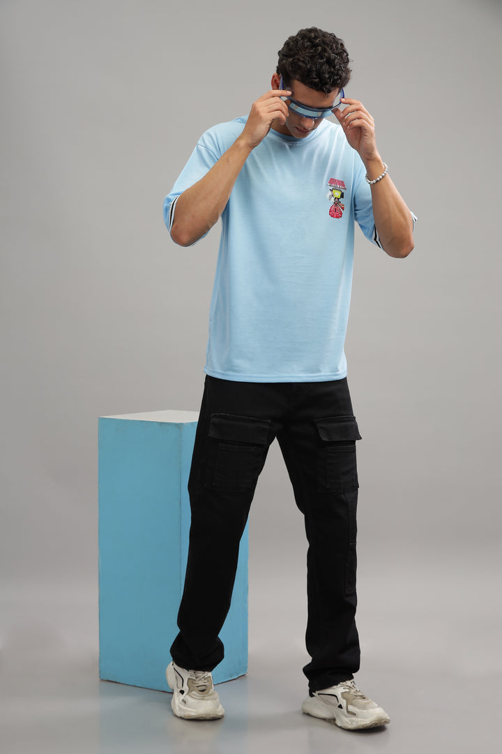 Sky Blue Oversized "Brain Wash Print" Tapping T-Shirt