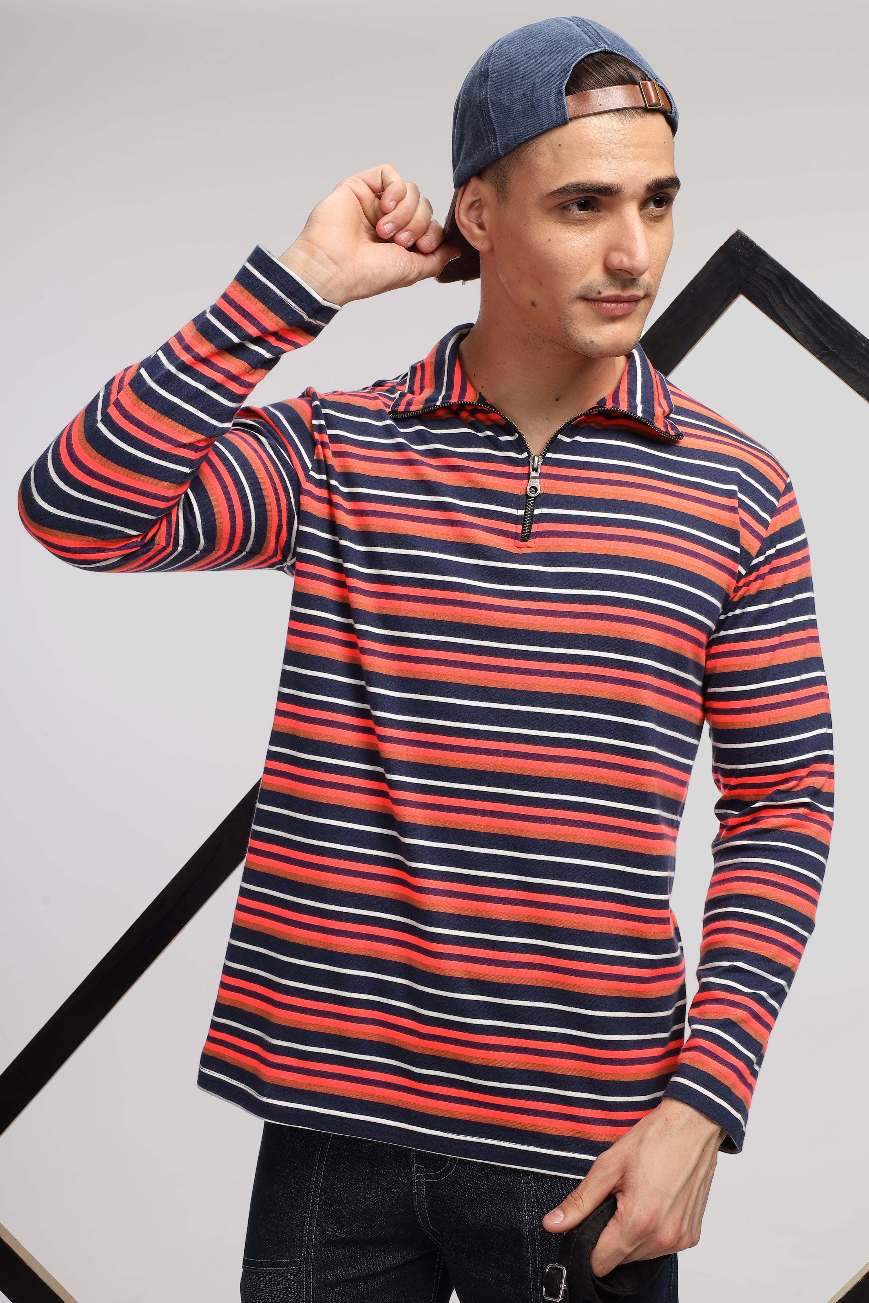 Black Red Self Design Striped Zipper T-Shirt