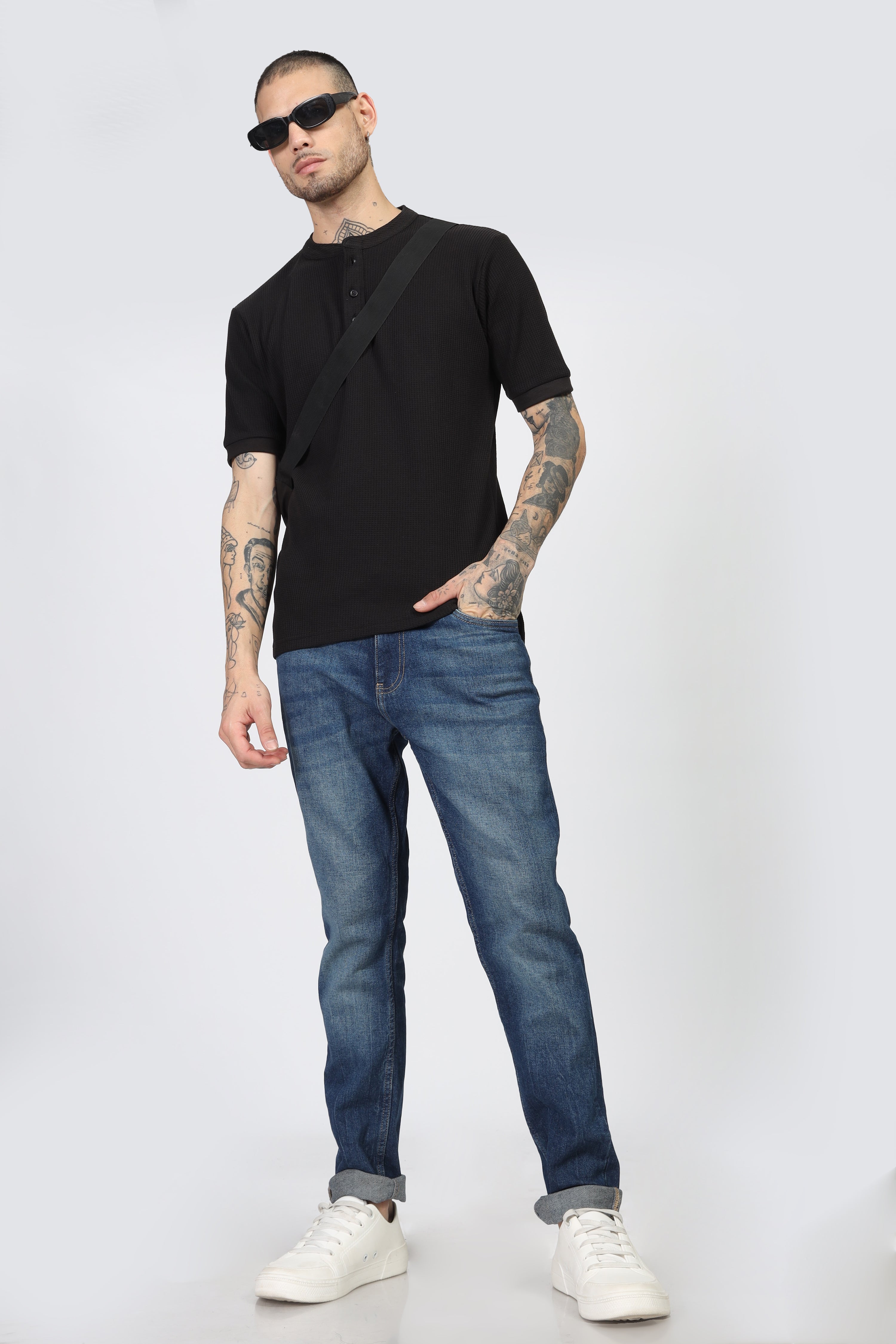 Black Waffle Half Sleeves Henley T-Shirt
