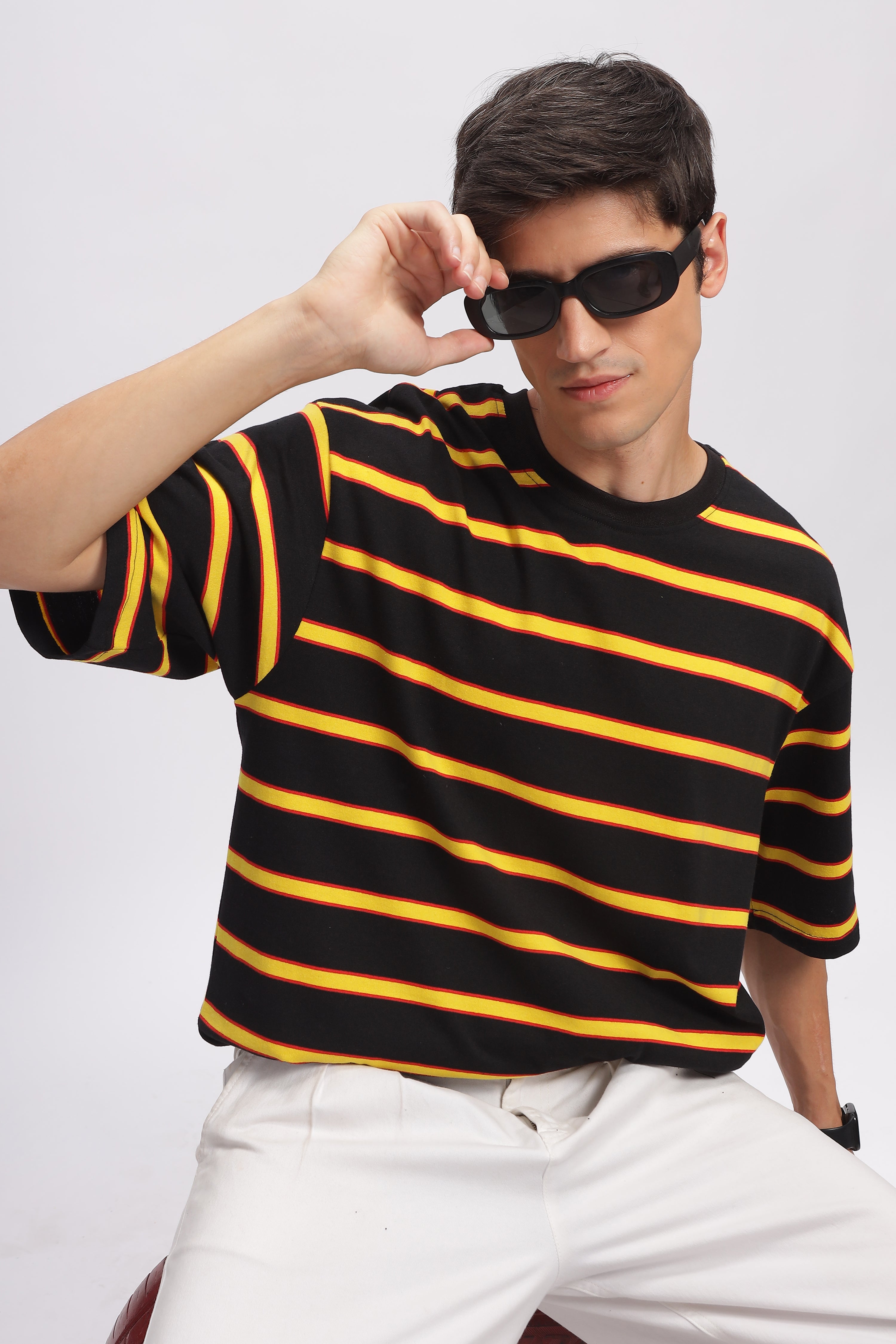 Black Oversized Striped Cotton Knit T-Shirt