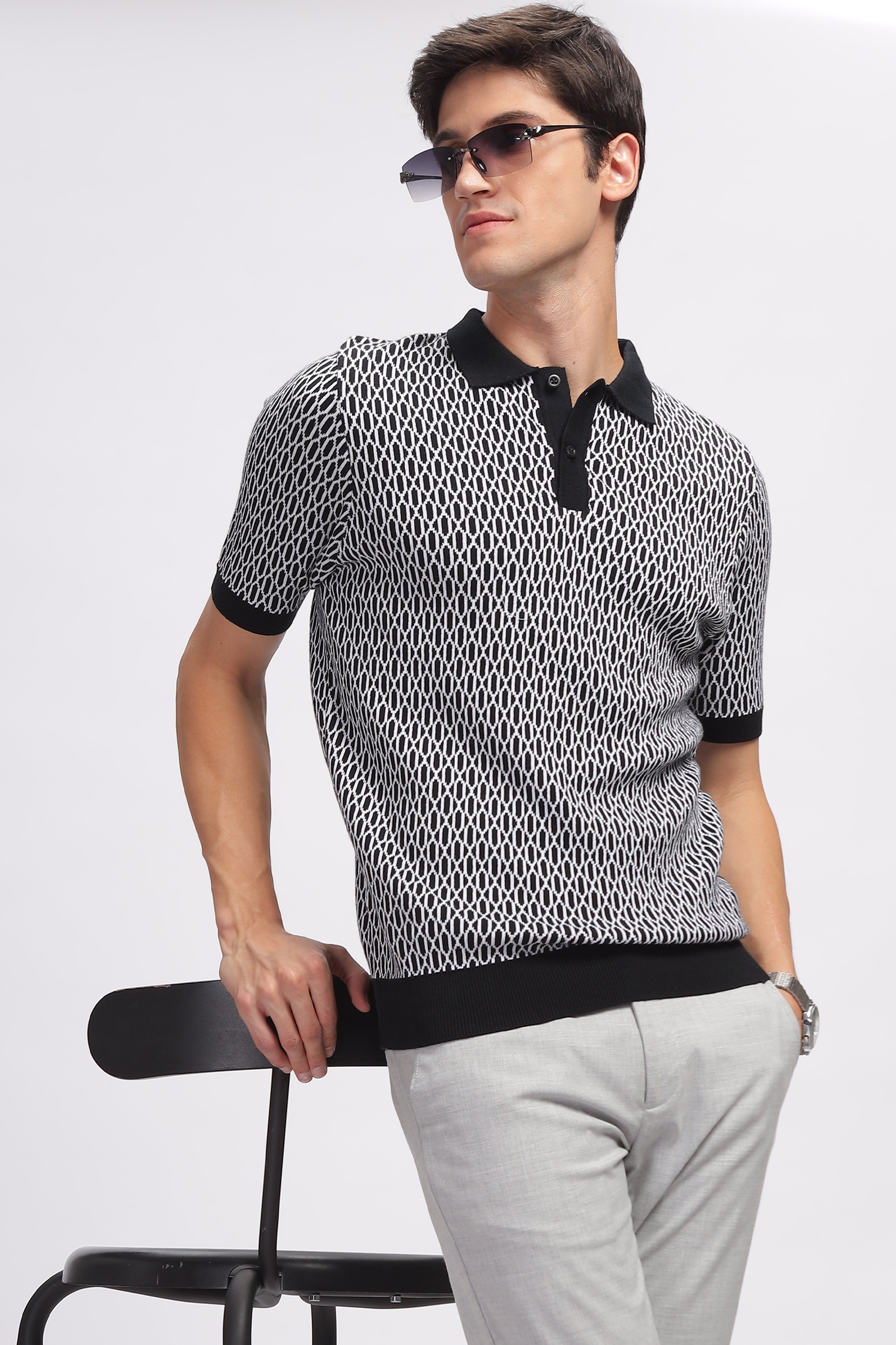 Black Abstract Flat Knit Premium Cotton Polo T-Shirt