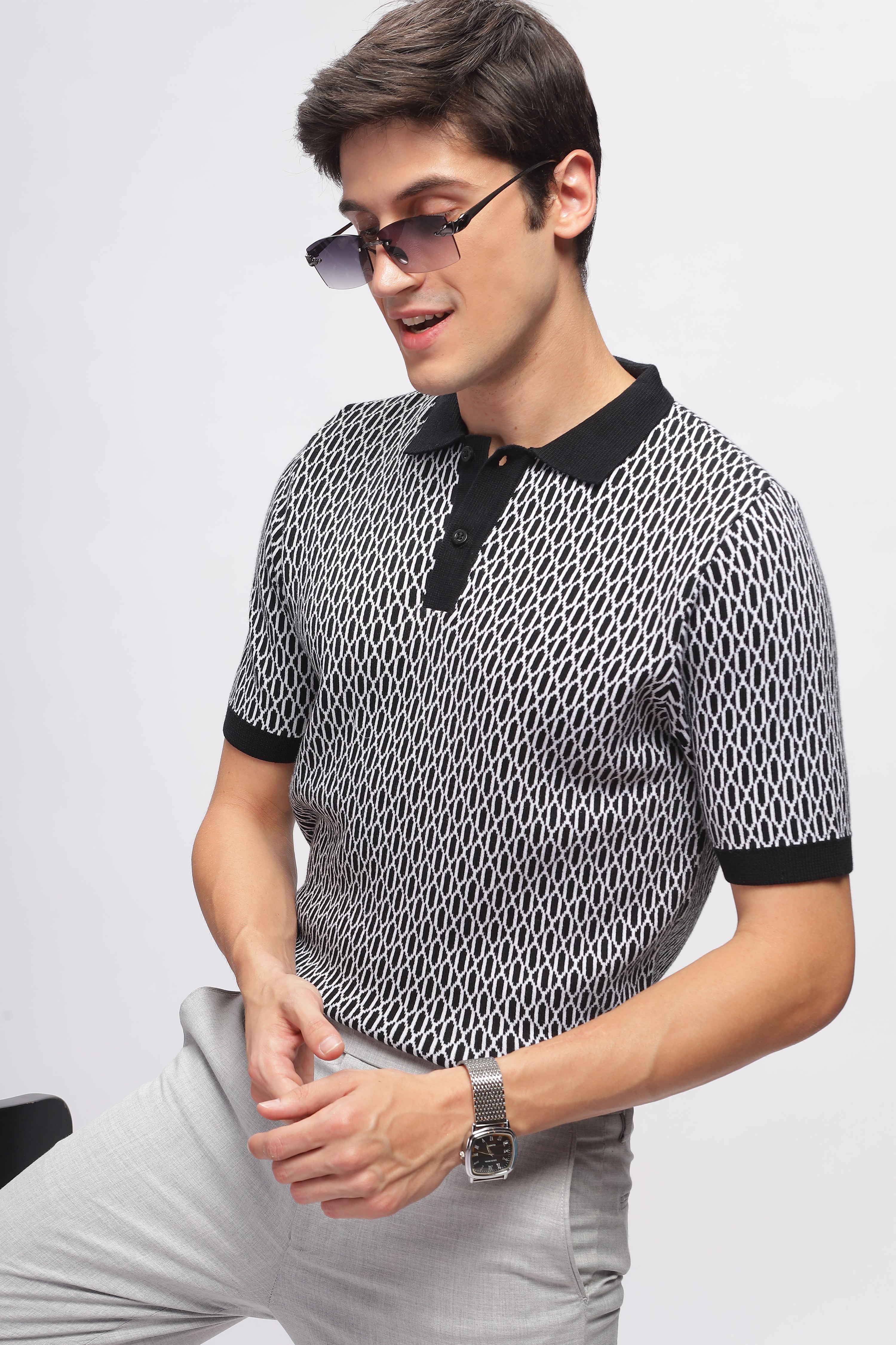 Black Abstract Flat Knit Premium Cotton Polo T-Shirt