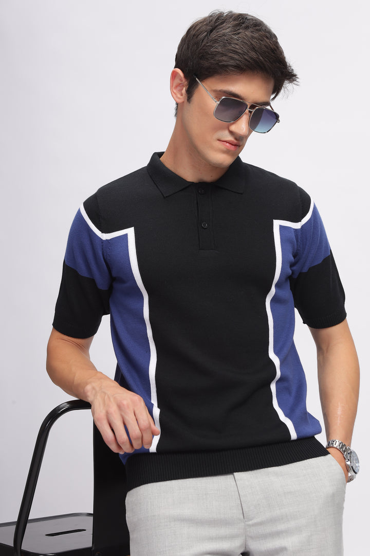 Blue Black Premium Cotton Flat Knit Polo T-Shirt