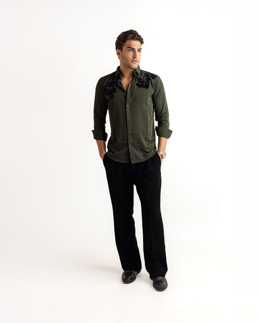 Olive Flocking Flowy Japanese Shirt