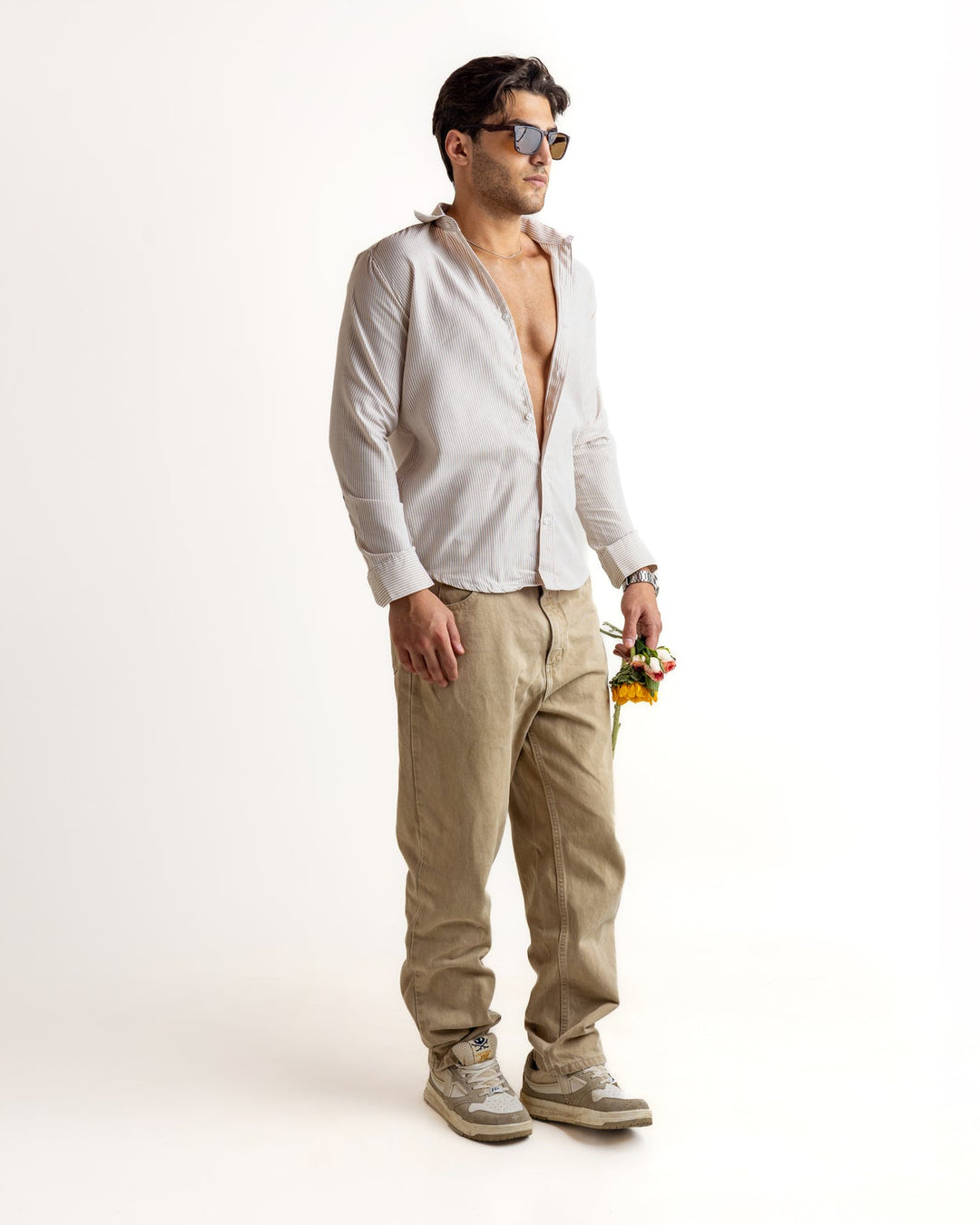 Cream Striped Full Sleeve Cotton Shirt