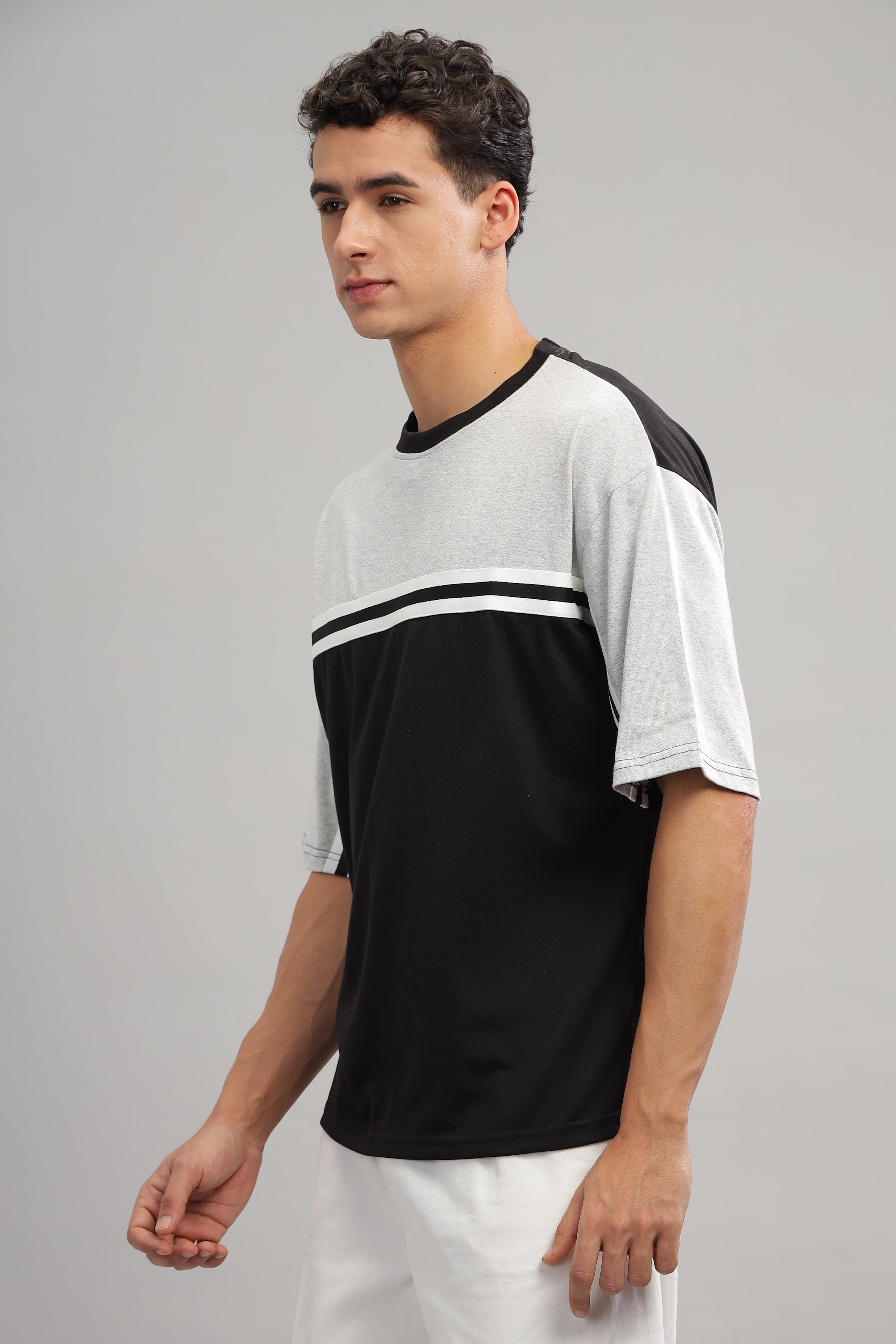 Grey & Black Oversized Color Block T-Shirt