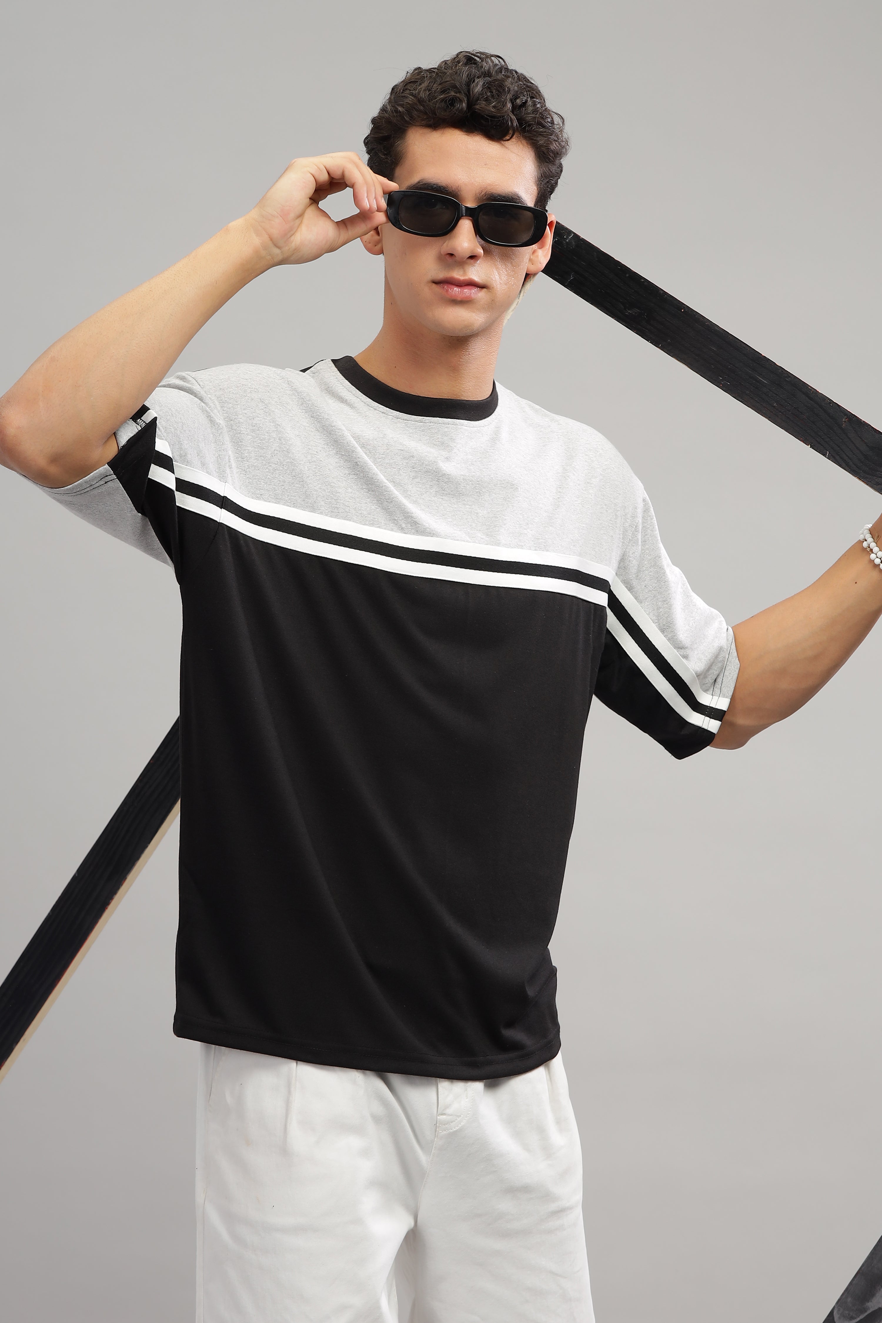 Grey & Black Oversized Color Block T-Shirt