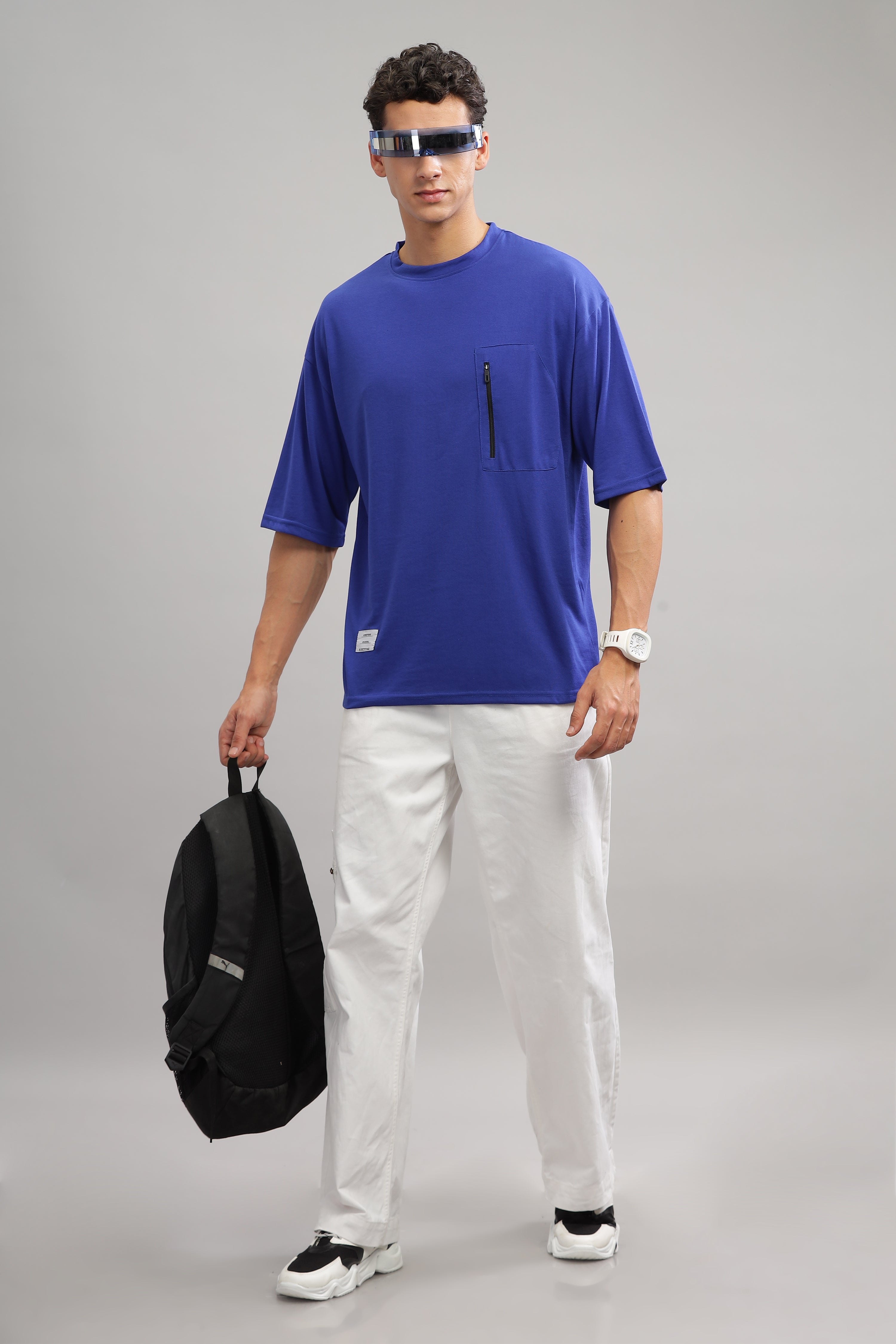 Blue Oversized Cotton Pocket T-Shirt