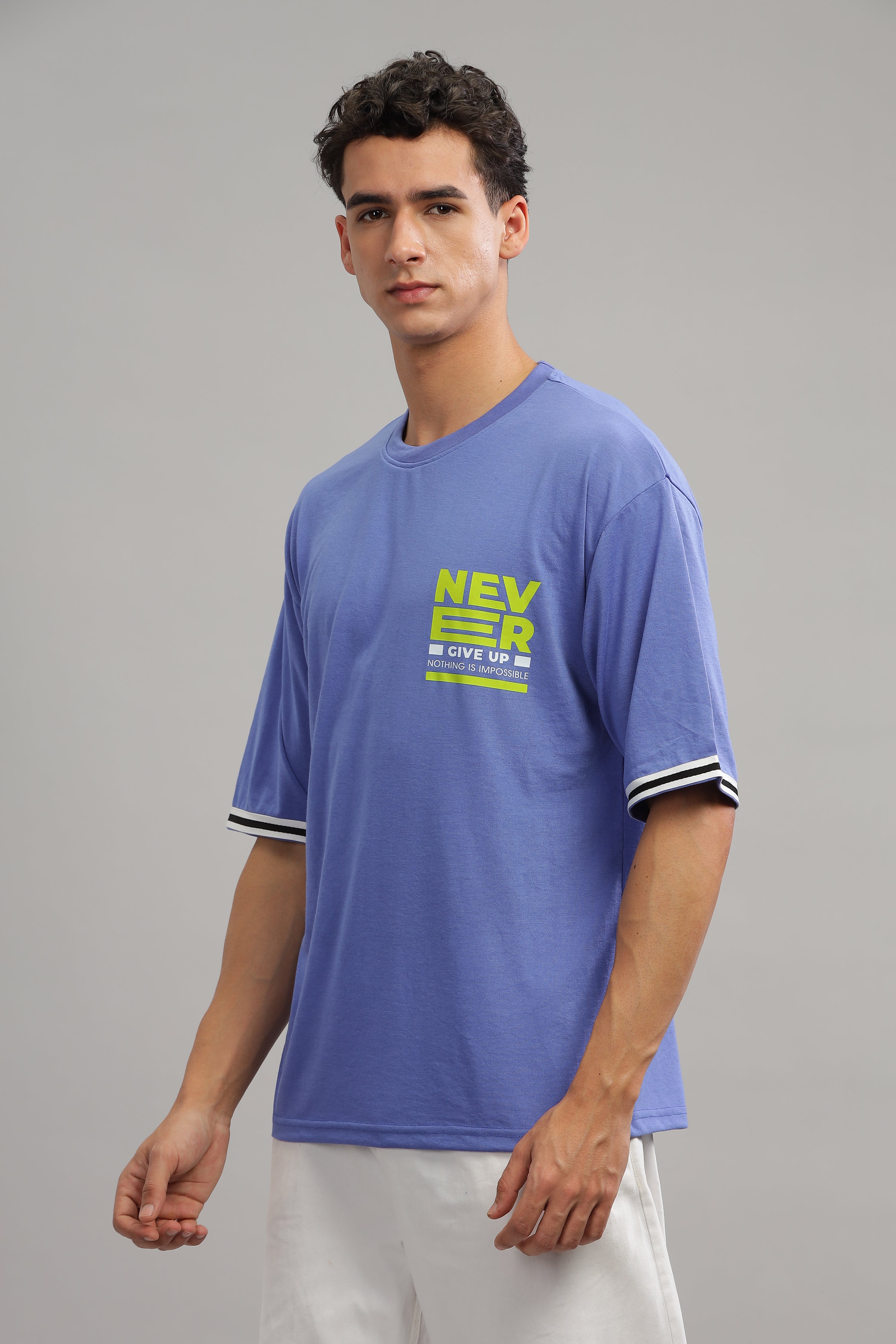 Blue Oversized "Never Give up" T-Shirt