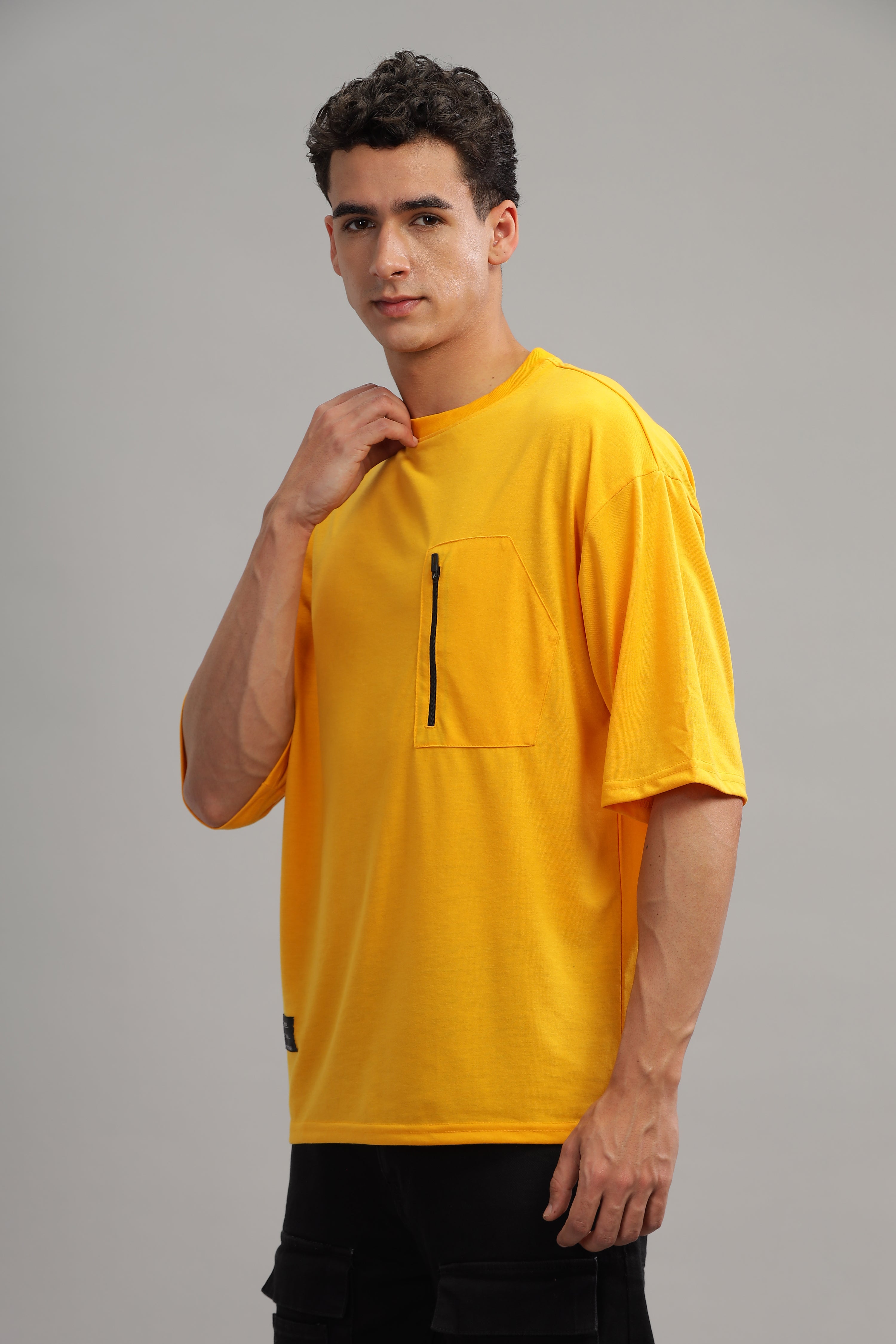 Mustard Oversized Solid Zipper Pocket T-Shirt