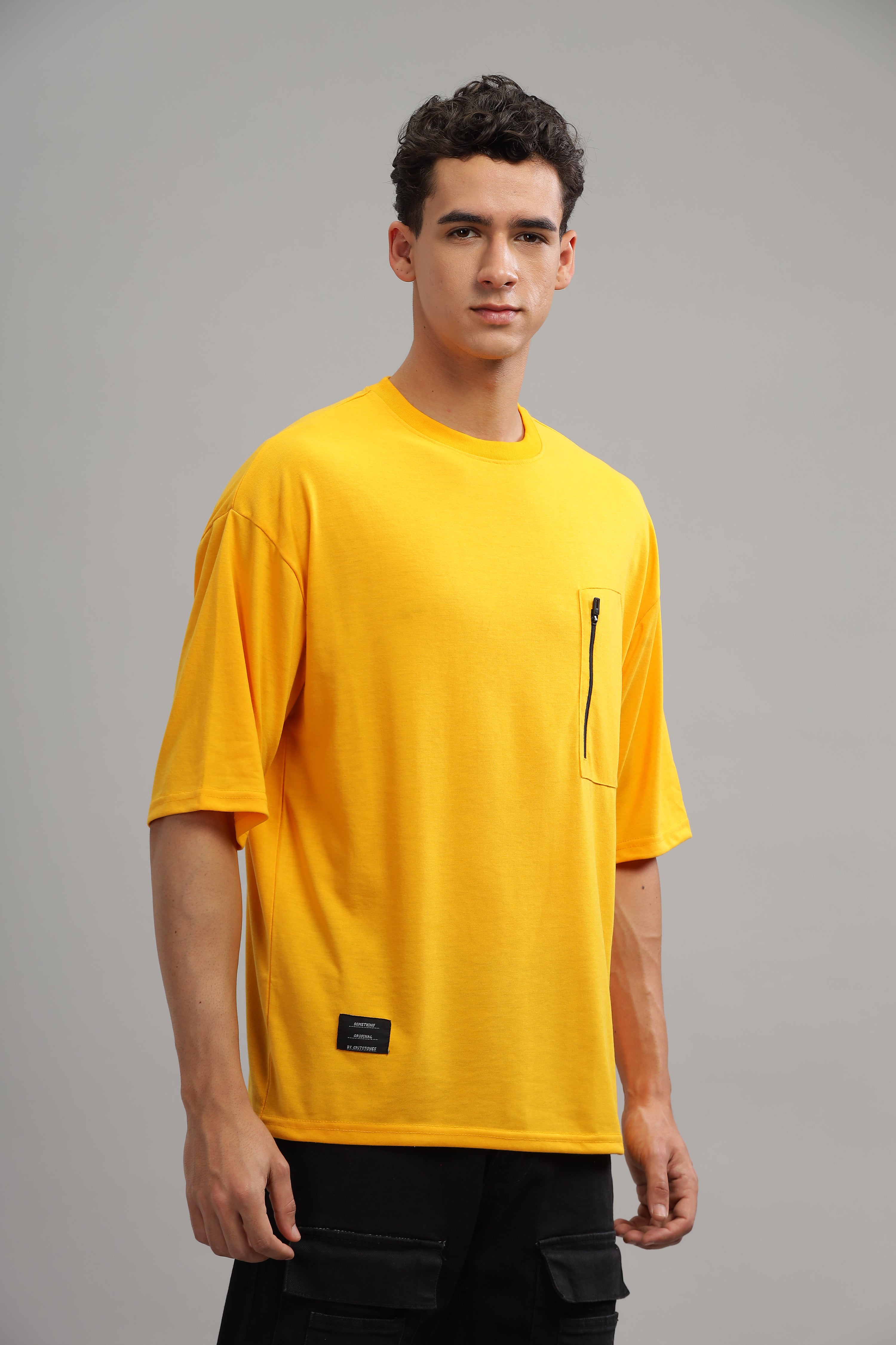 Mustard Oversized Solid Zipper Pocket T-Shirt