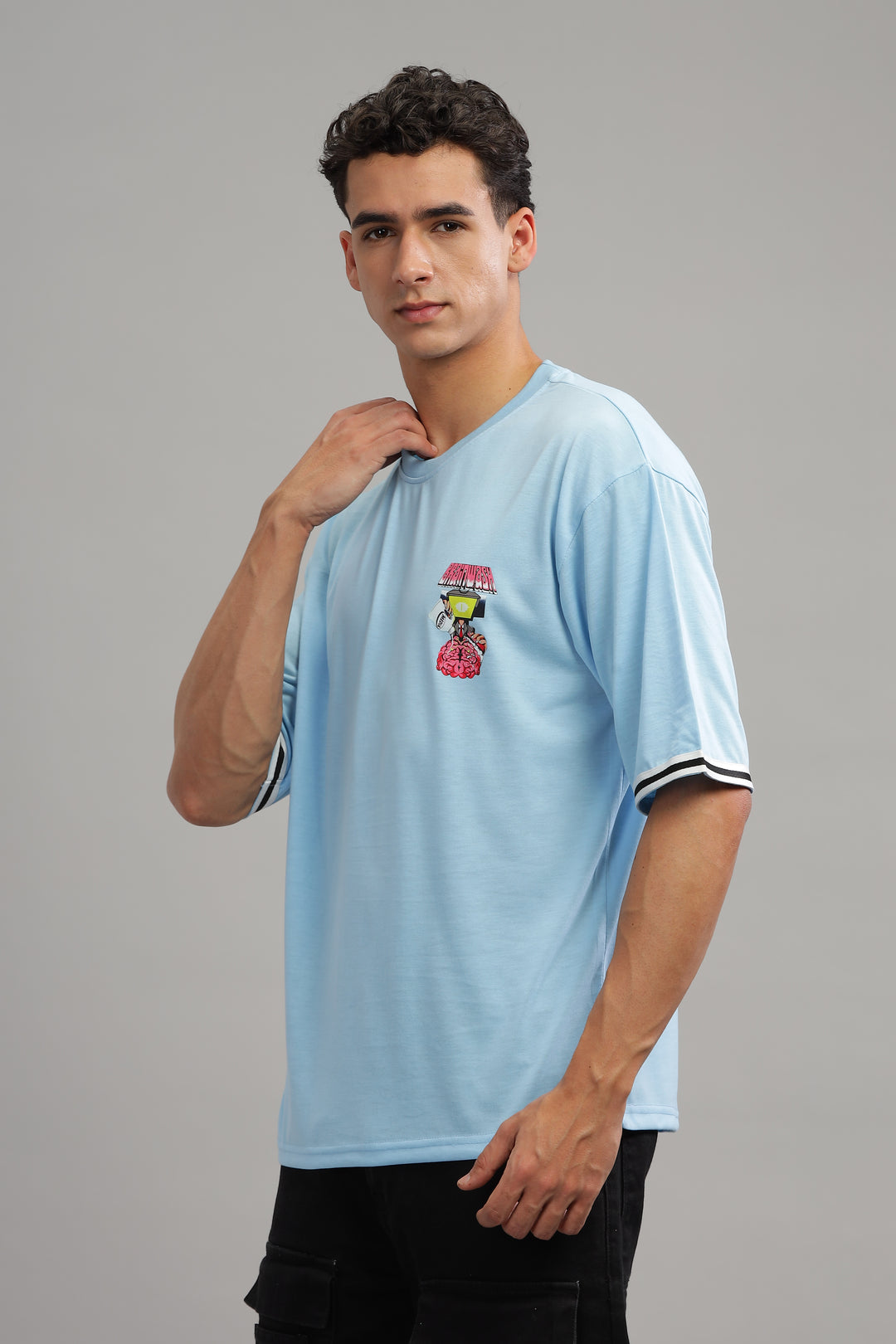Sky Blue Oversized "Brain Wash Print" Tapping T-Shirt