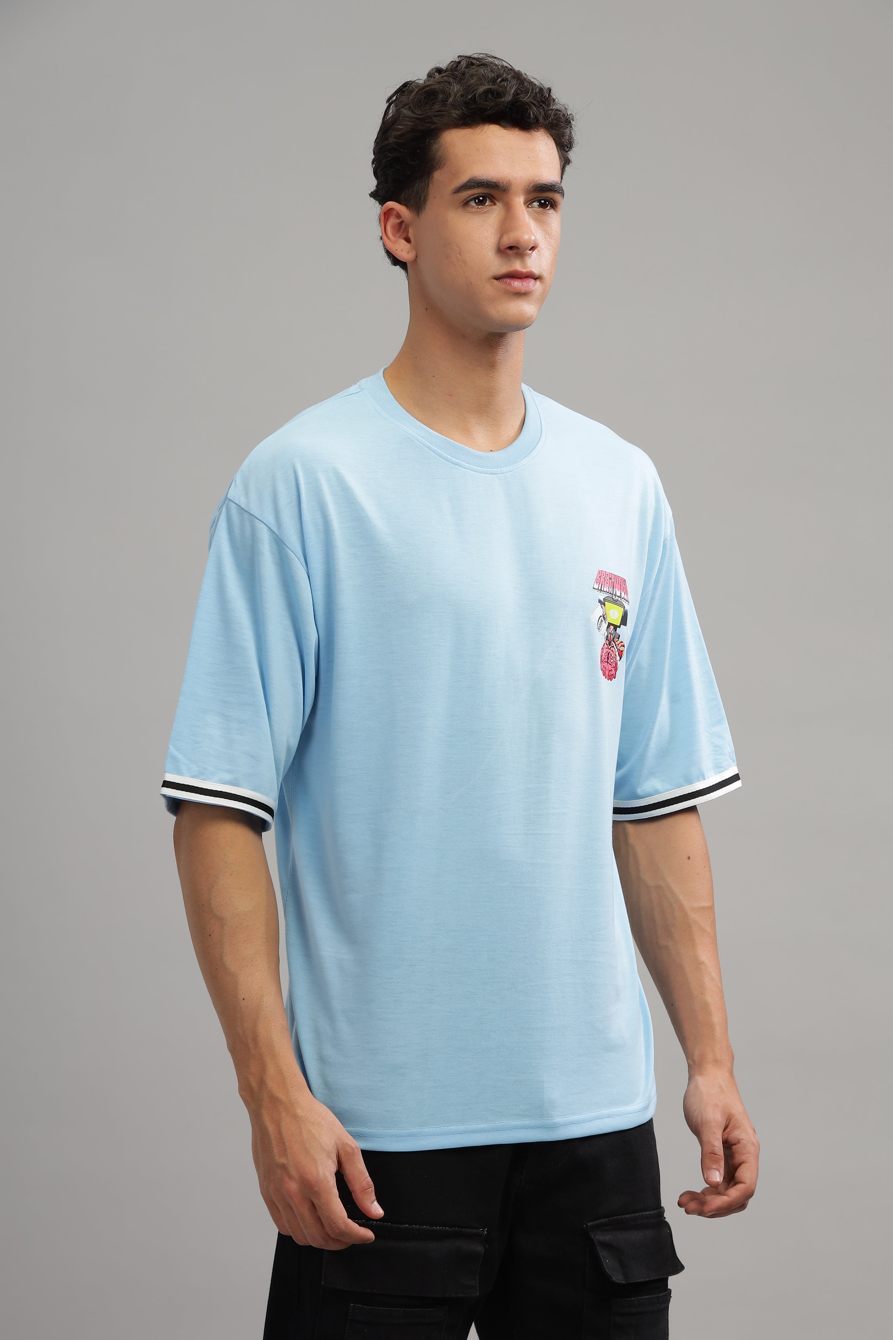 Sky Blue Oversized "Brain Wash Print" Tapping T-Shirt