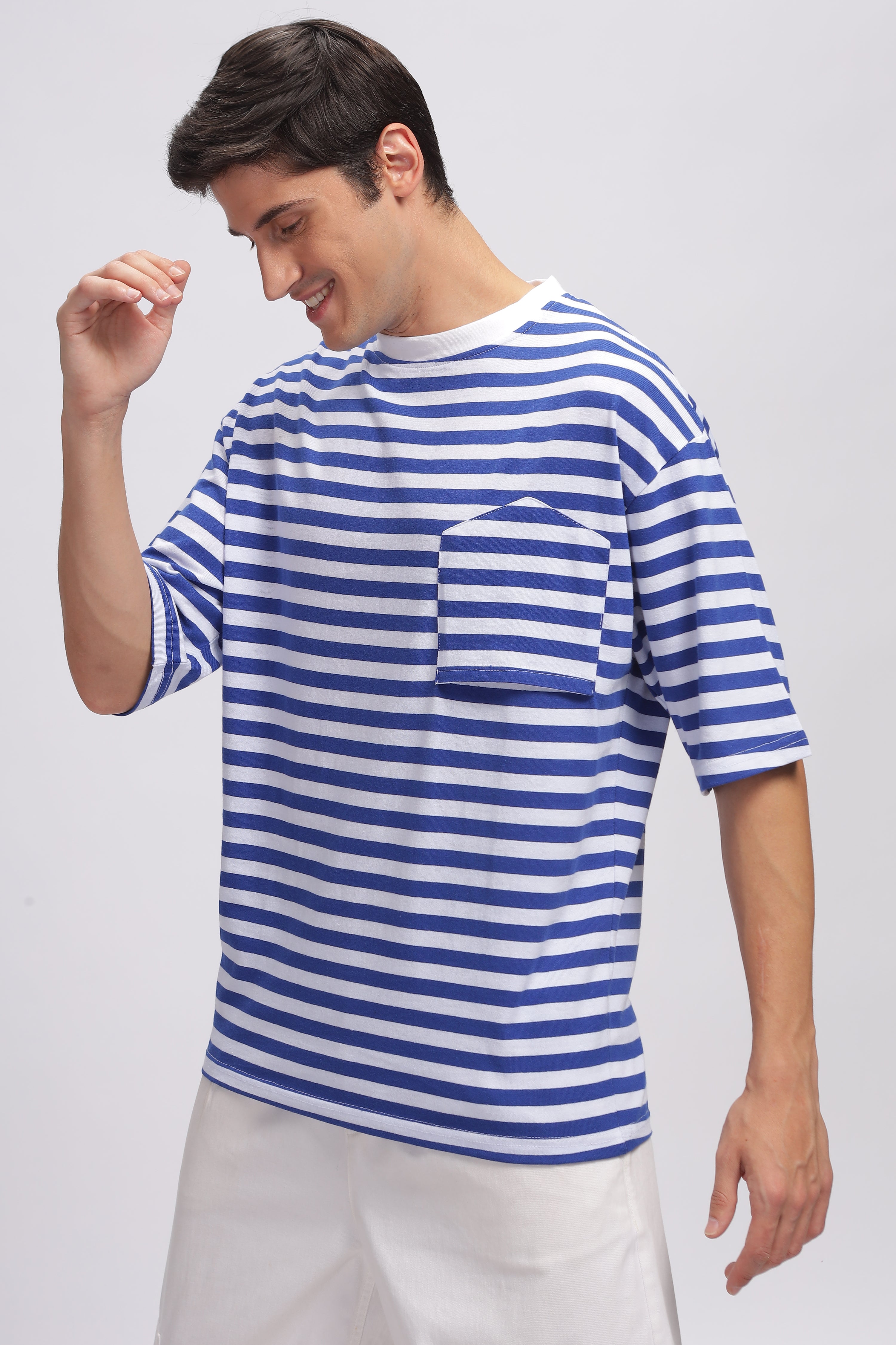 White Blue Oversized Striped Pocket T-Shirt