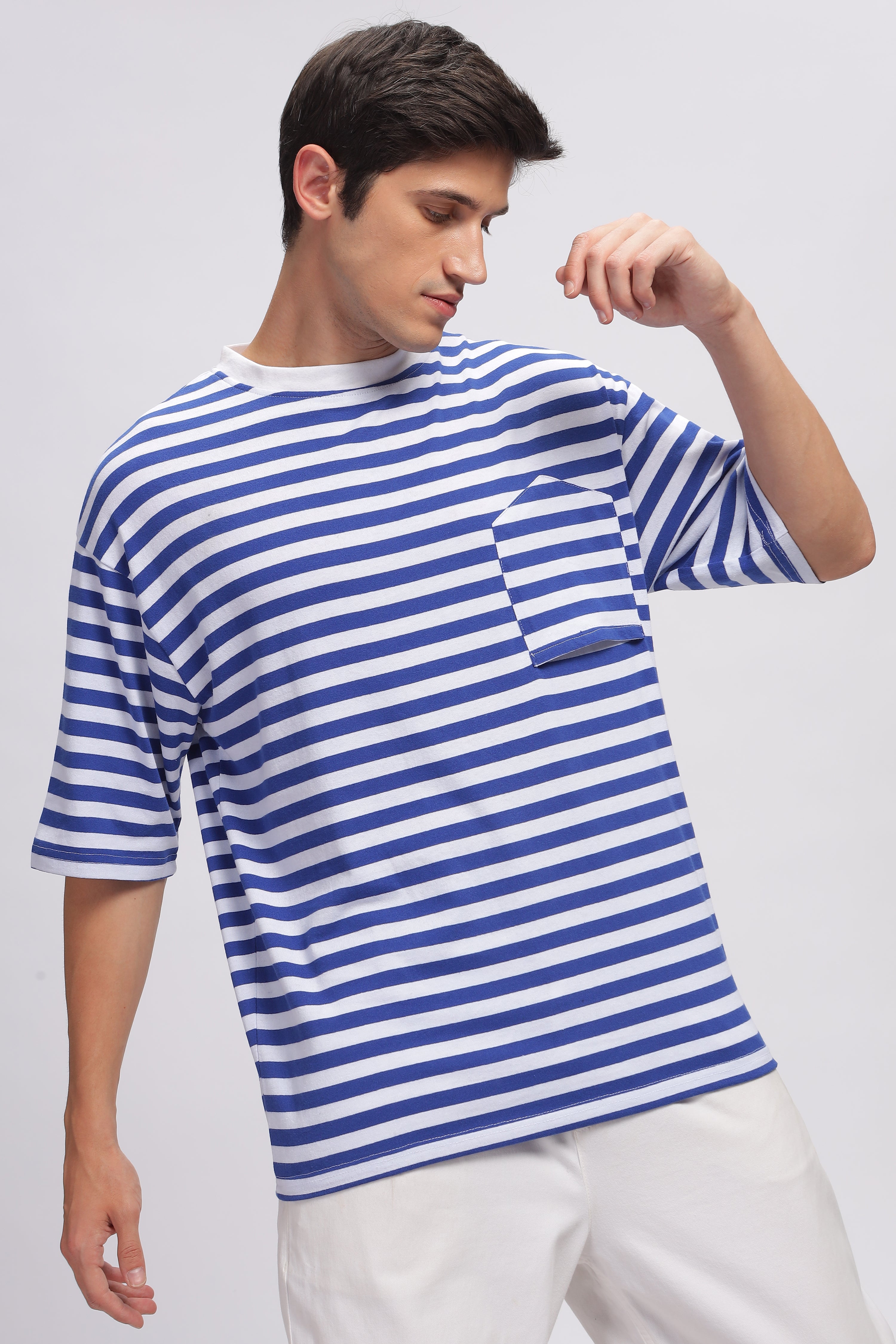 White Blue Oversized Striped Pocket T-Shirt