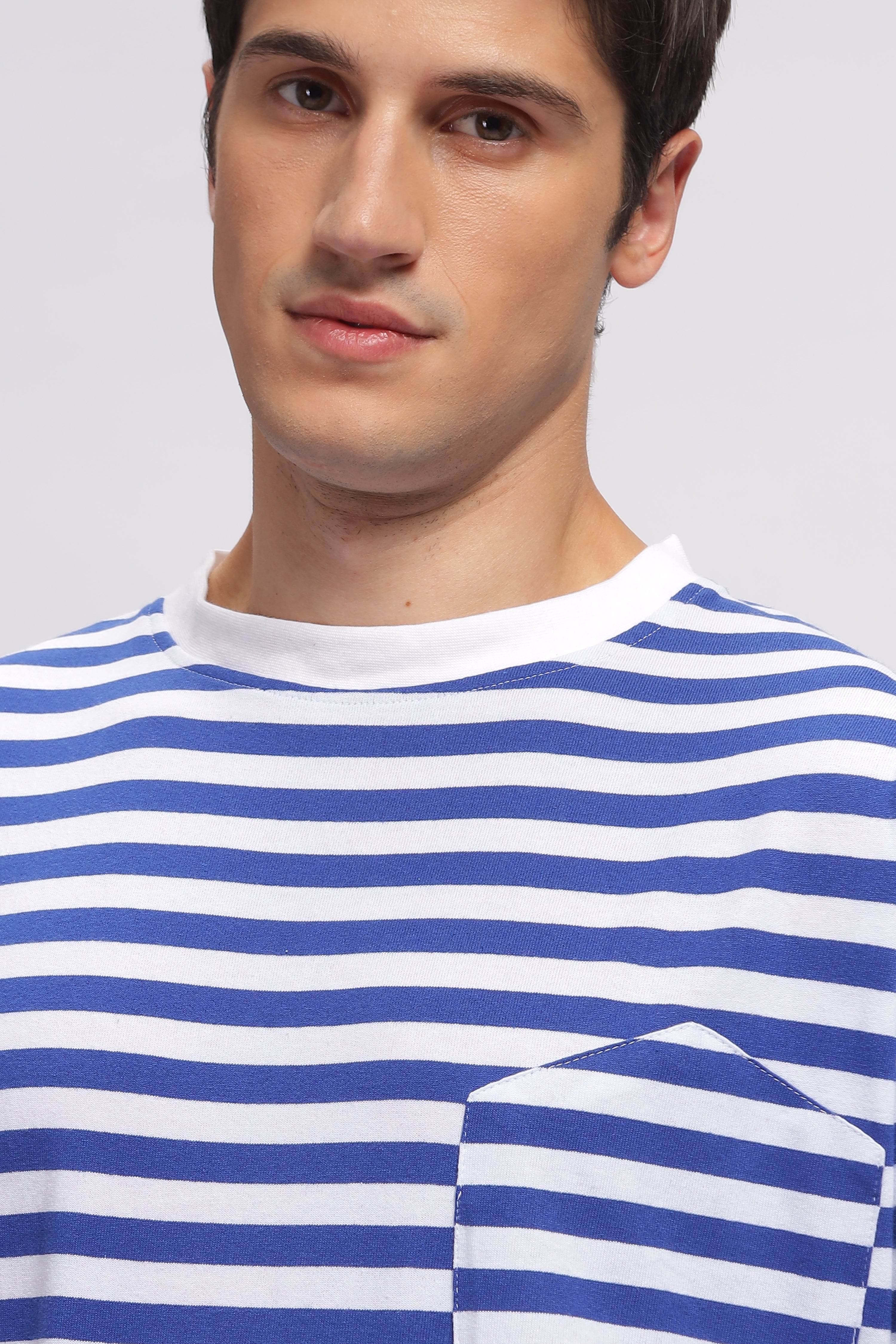White Blue Oversized Striped Pocket T-Shirt