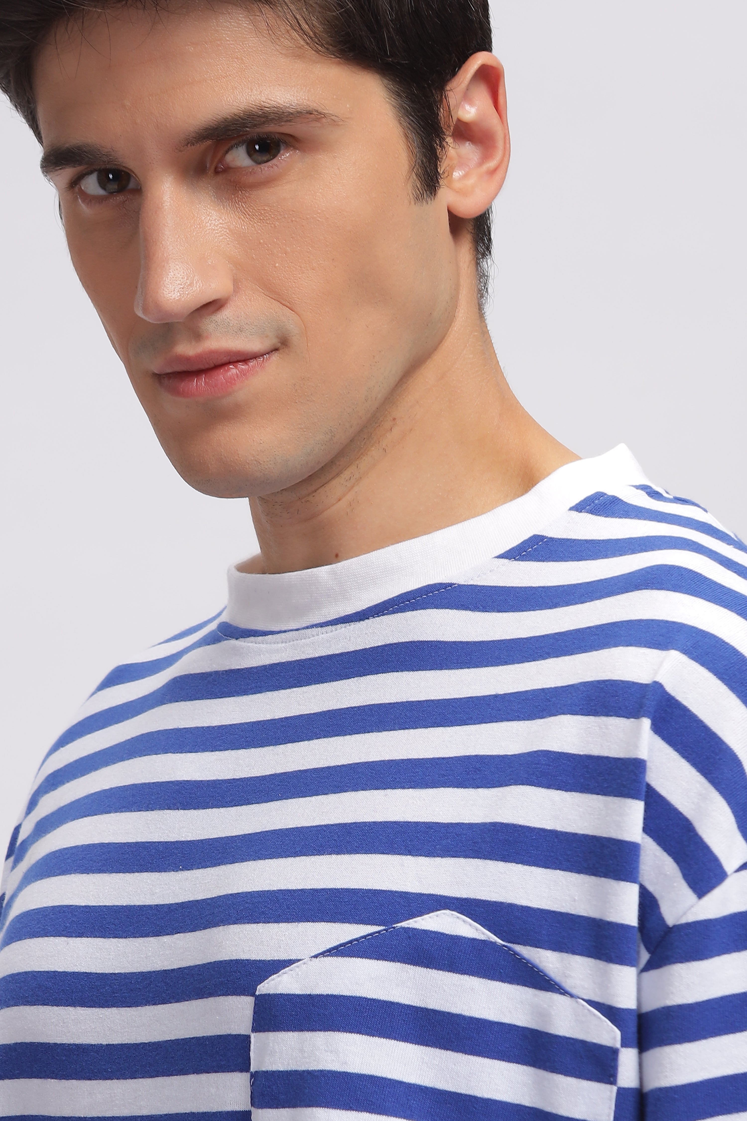 White Blue Oversized Striped Pocket T-Shirt
