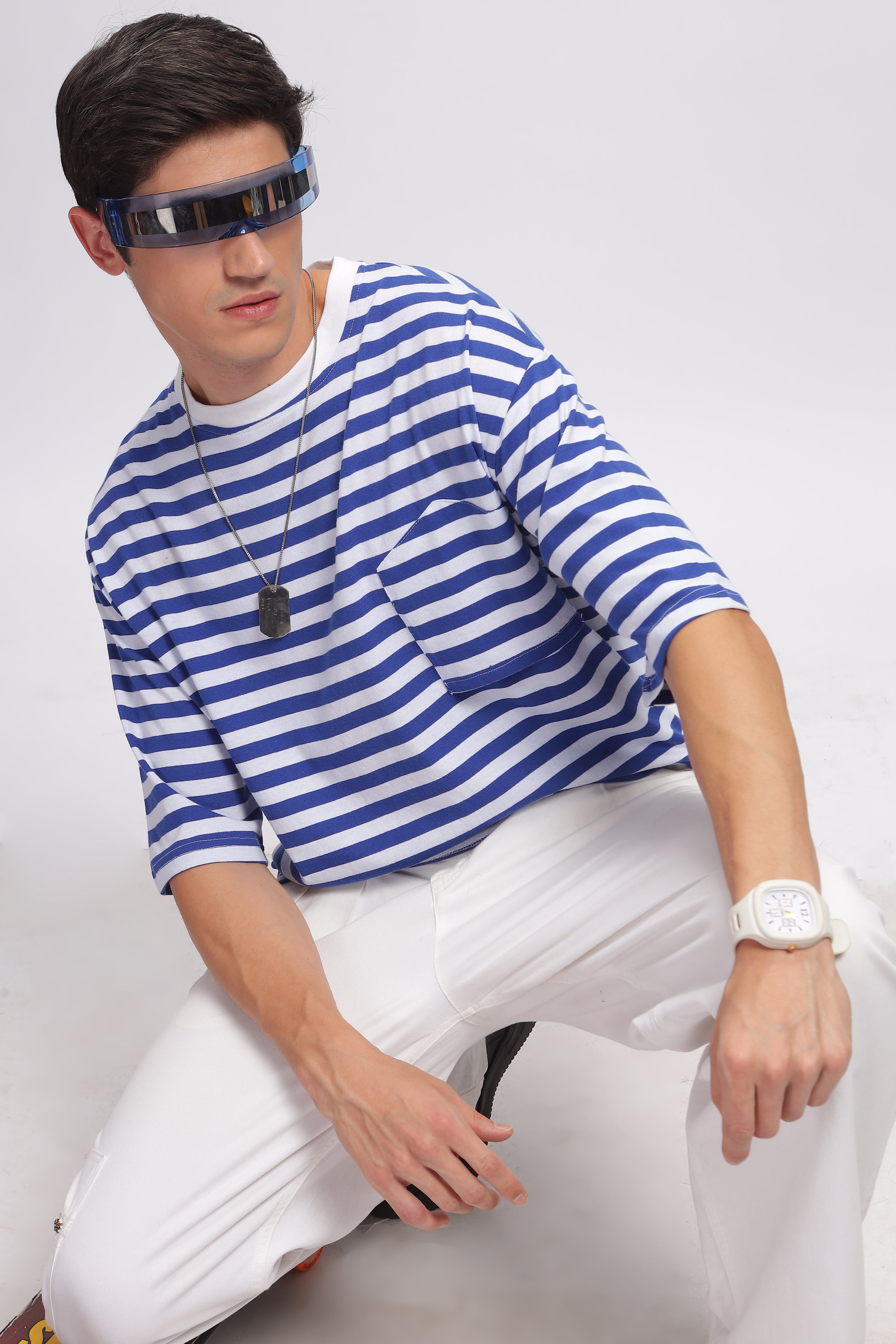 White Blue Oversized Striped Pocket T-Shirt