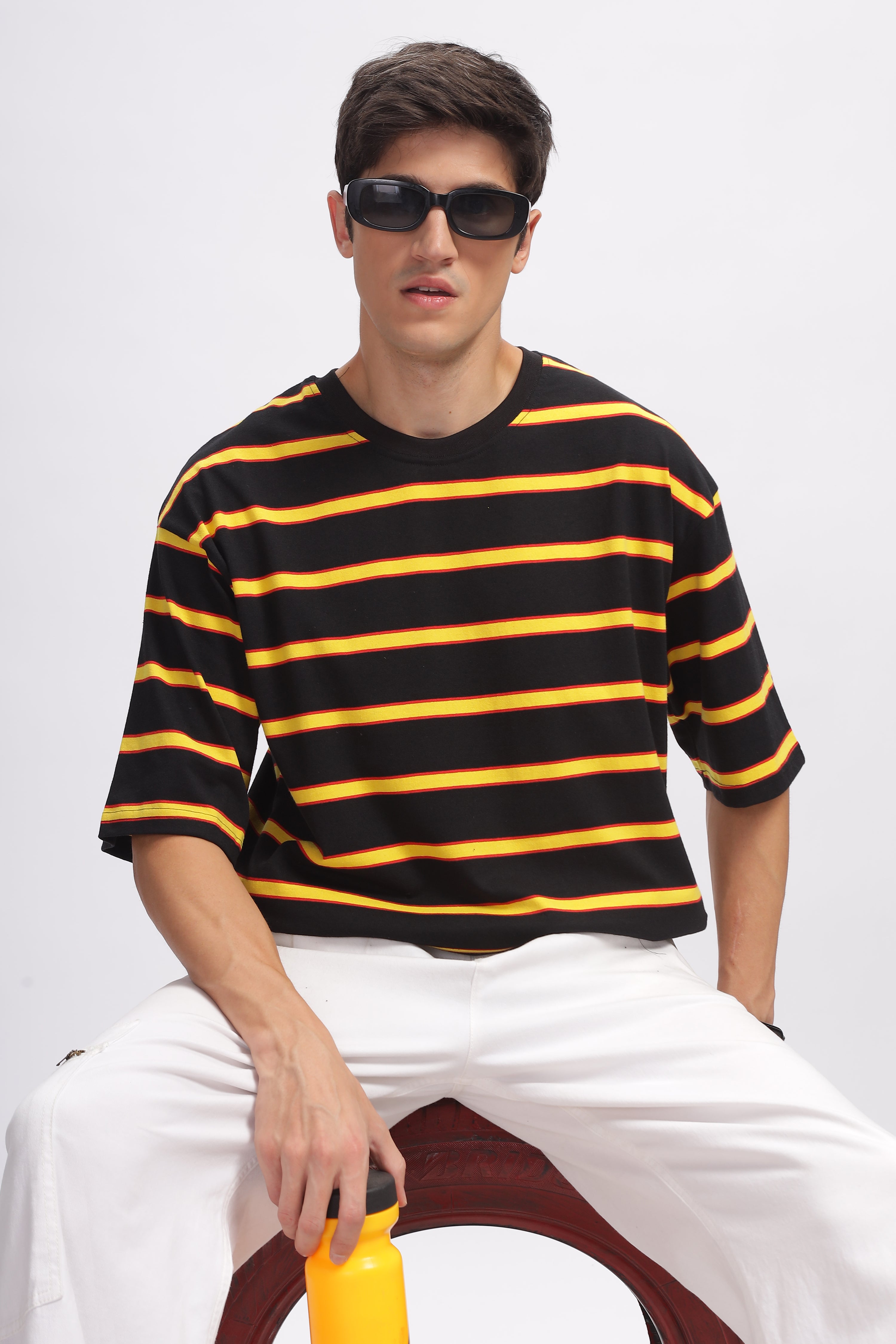 Black Oversized Striped Cotton Knit T-Shirt