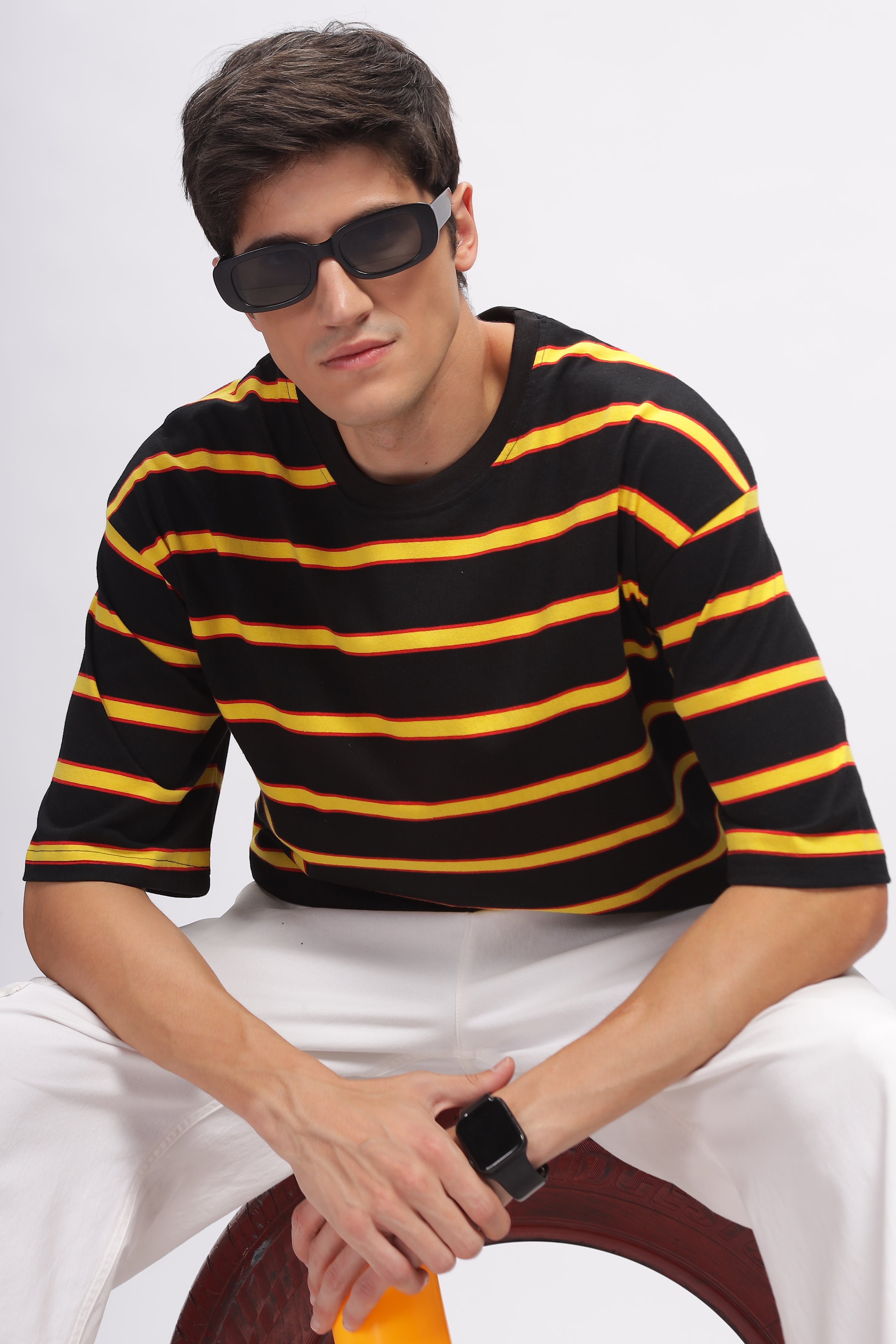 Black Oversized Striped Cotton Knit T-Shirt