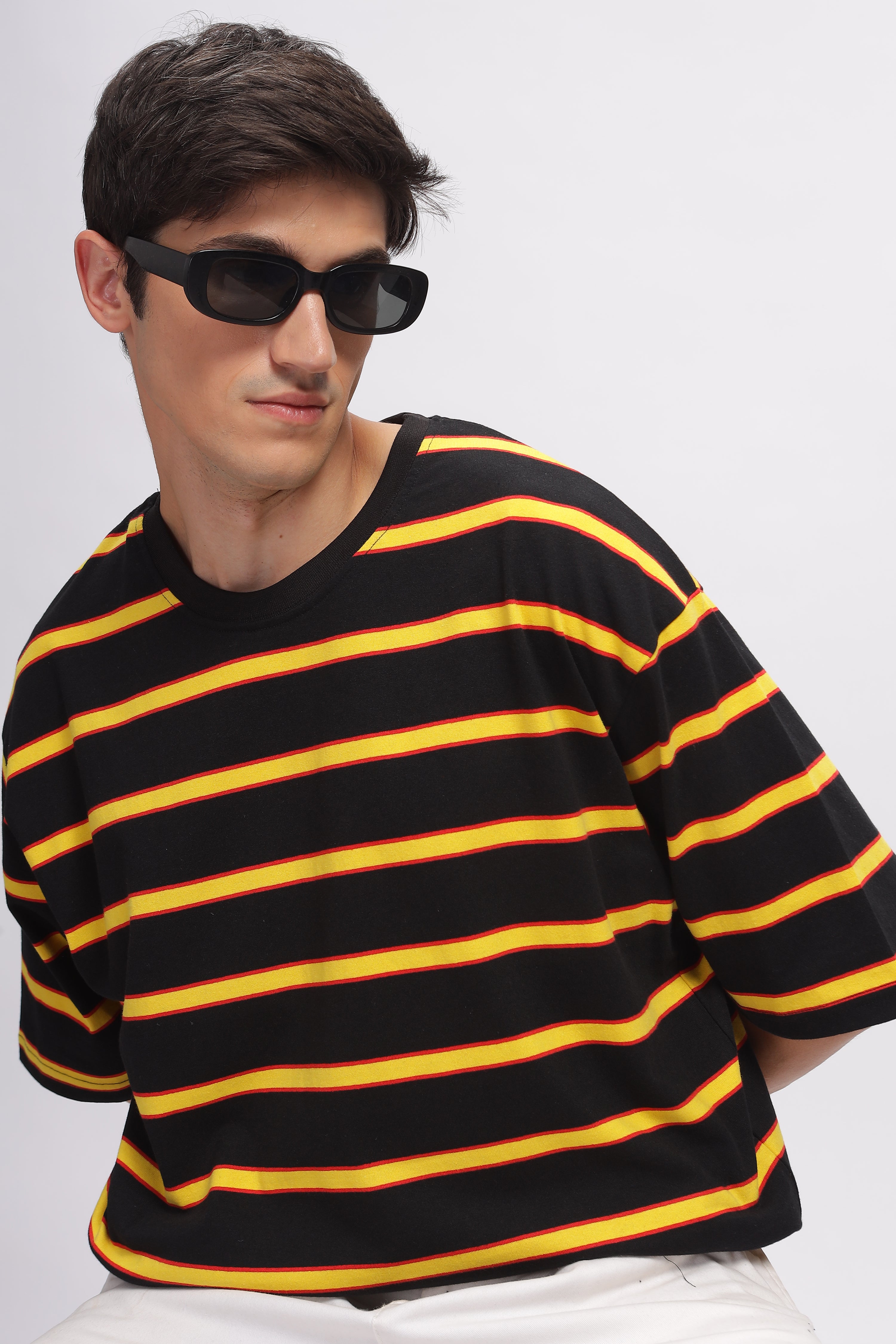 Black Oversized Striped Cotton Knit T-Shirt