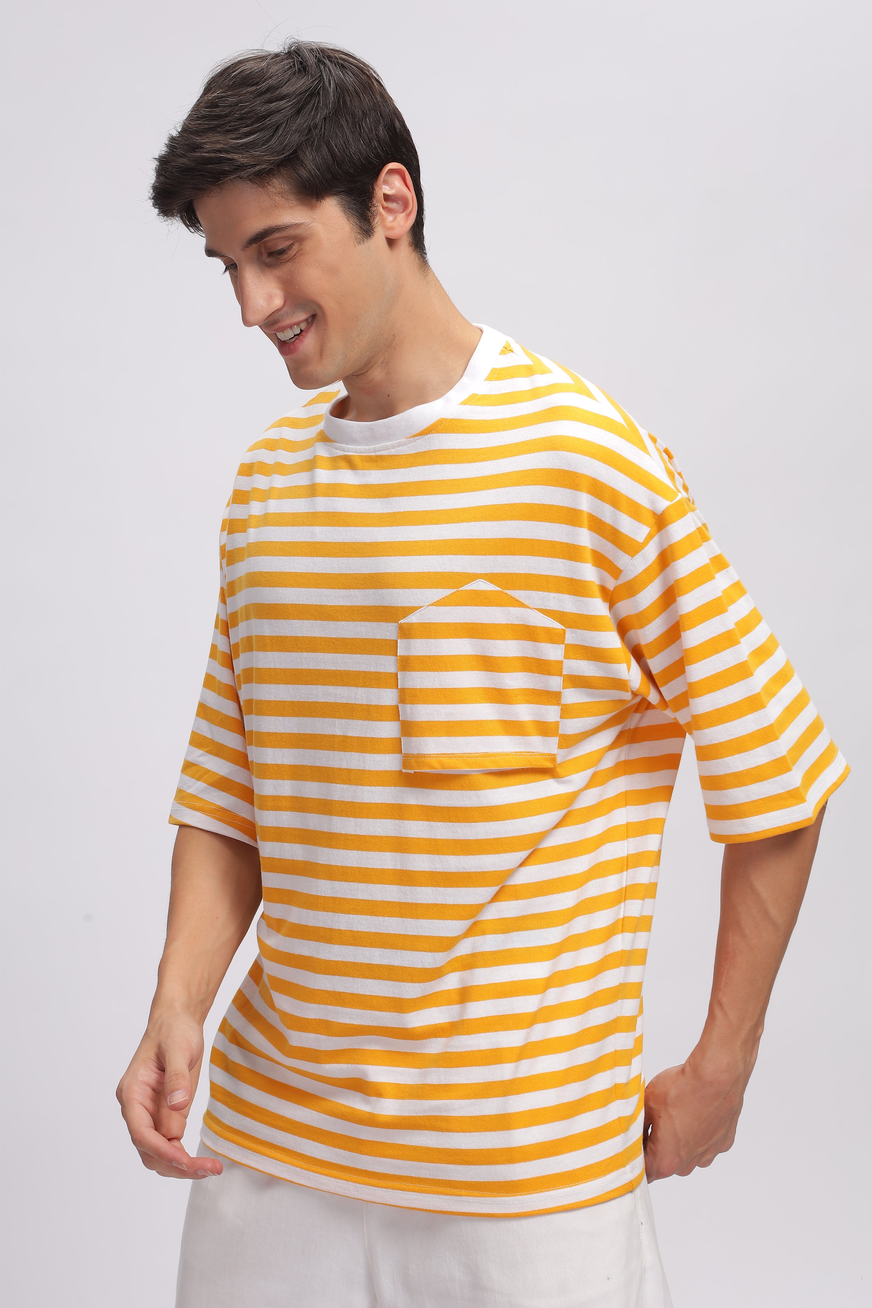 White Yellow Oversized Striped Pocket T-Shirt